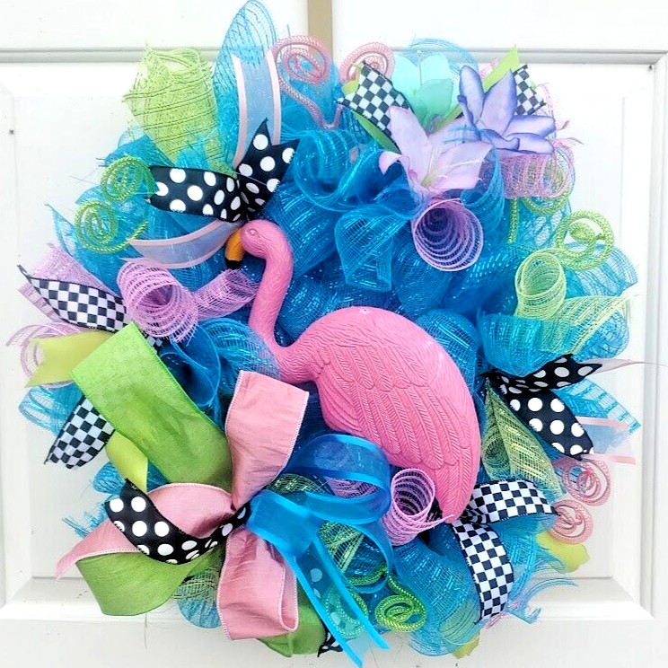 Spring Summer Pink Flamingo Wreath Large 24&Prime; Handmade Deco Mesh Door Decoration