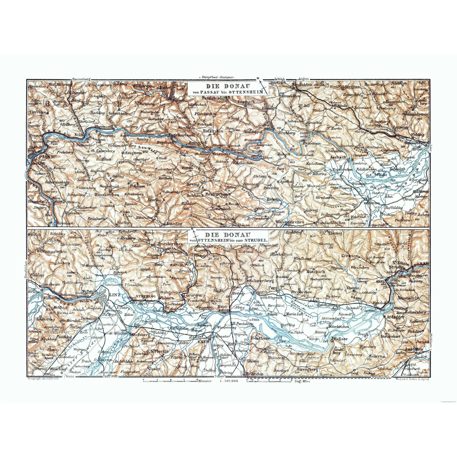 Historic Map – Danube River Germany Austria – Baedeker 1910 – Vintage Wall Art