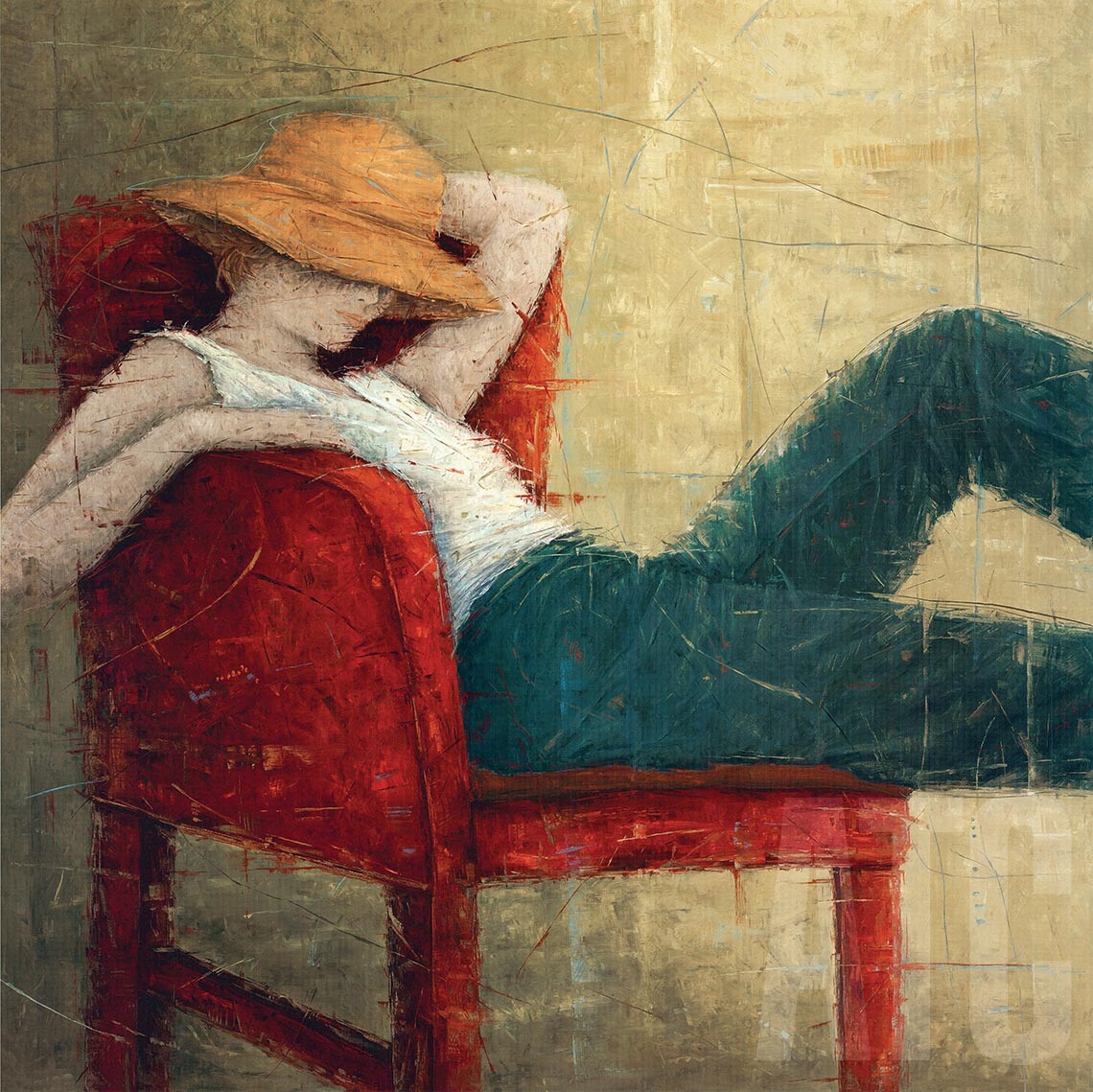 24W »x24H » SECOND THOUGHTS by ERICA HOPPER -WOMAN RESTING CHAIR CHOICES OF CANVAS