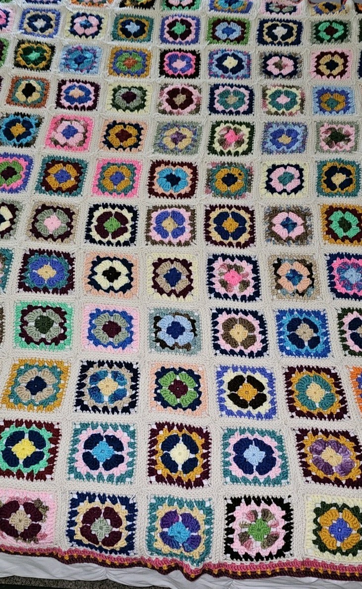 Vintage 1990&rsquo;s Hand Crocheted Afghan Granny Square Double Border 80×64&Prime; NEW Gift