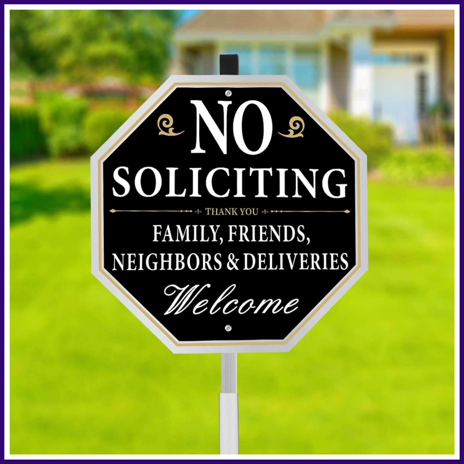 No Soliciting Yard Sign 10x10in Aluminum Metal Sign w/28in Stake for House