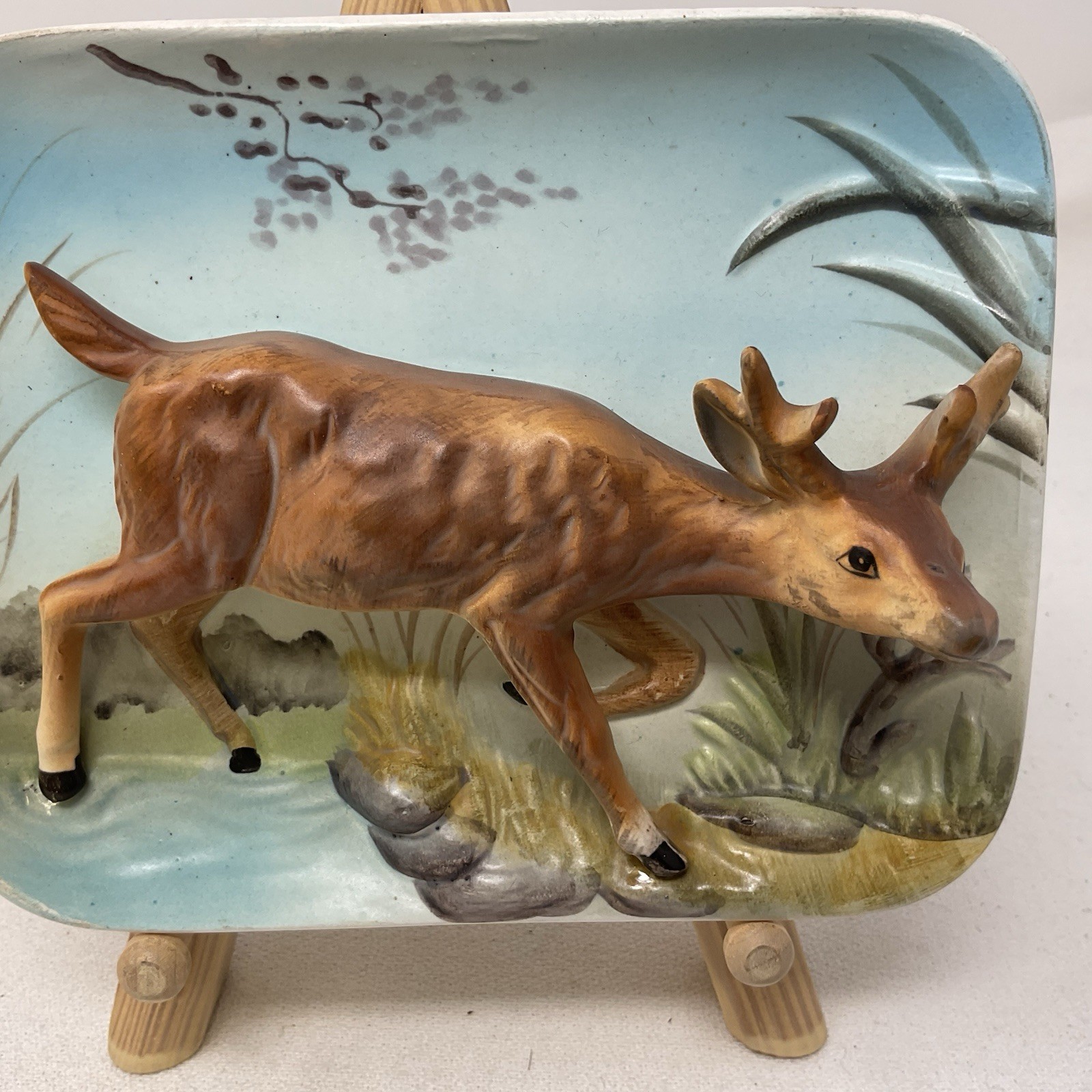 Vintage 3D Porcelain Deer Woodland Scene Small Wall Plaque 5.75&Prime; x 4.75 Enesco