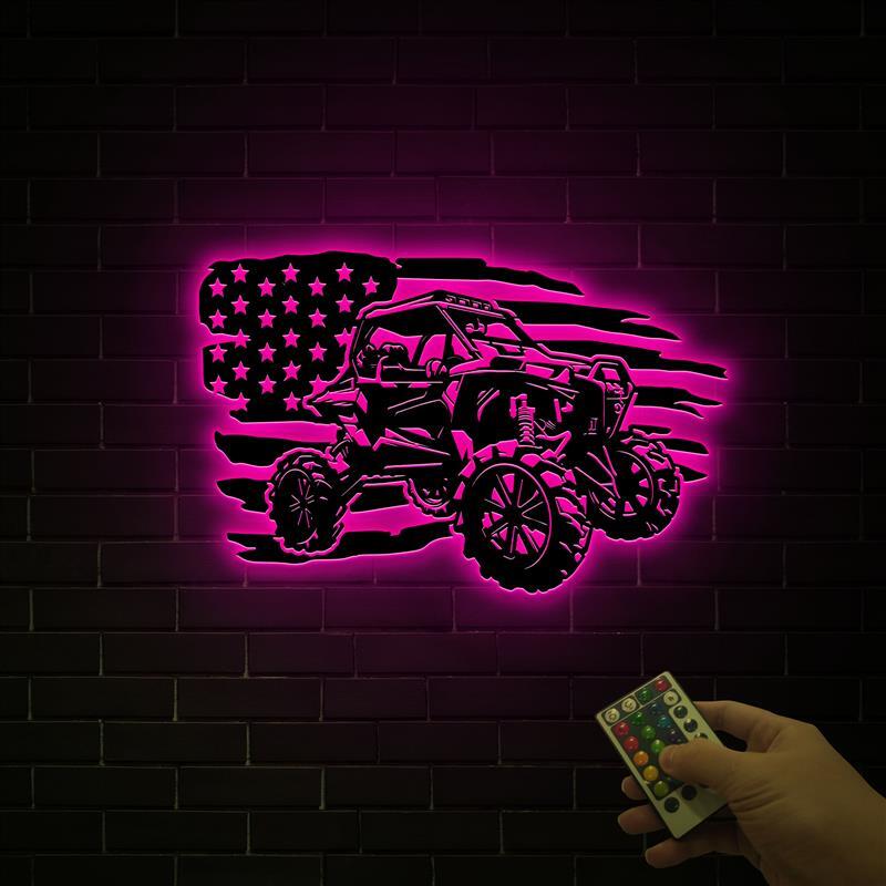 Personalized Atv Metal Wall Art With Led Lights, US Flag ATV Sign, Quad Bike