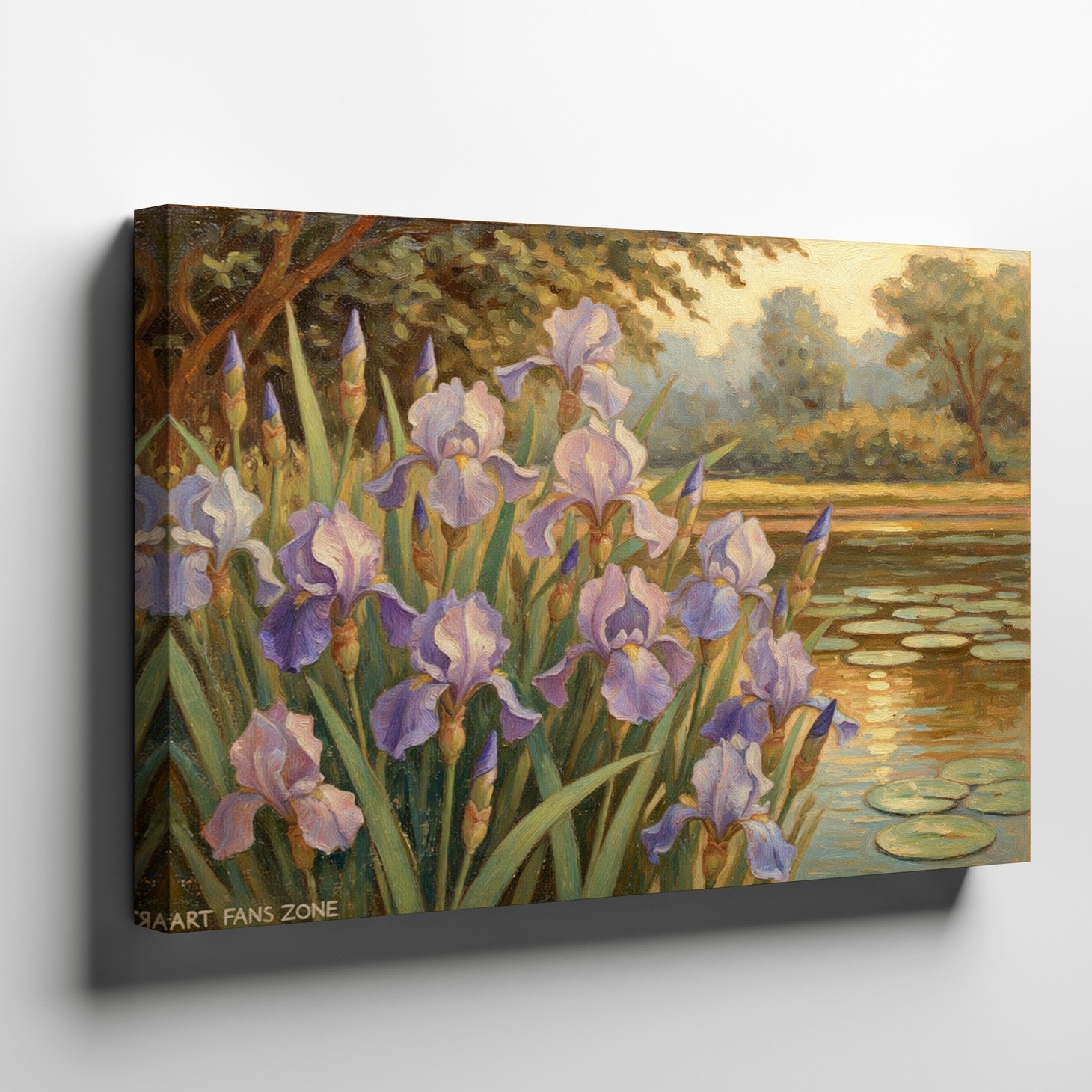 Purple Iris Flowers by Pond Canvas Wall Art Floral Nature Landscape Decor Print