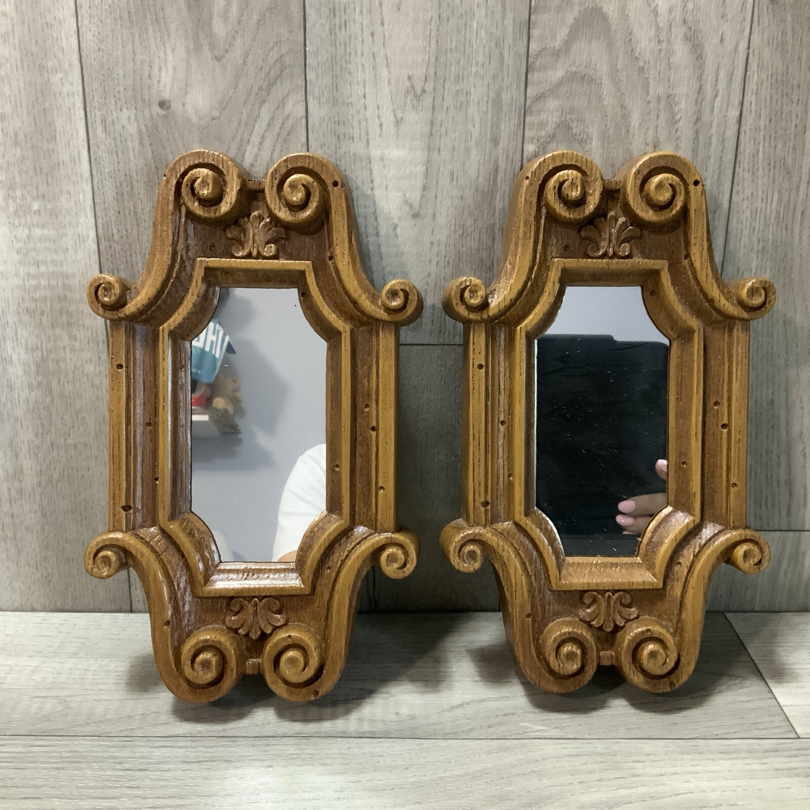 Pair Of Home interior Decorative Small Wall Mirror Faux Wood framing ornate NEW!