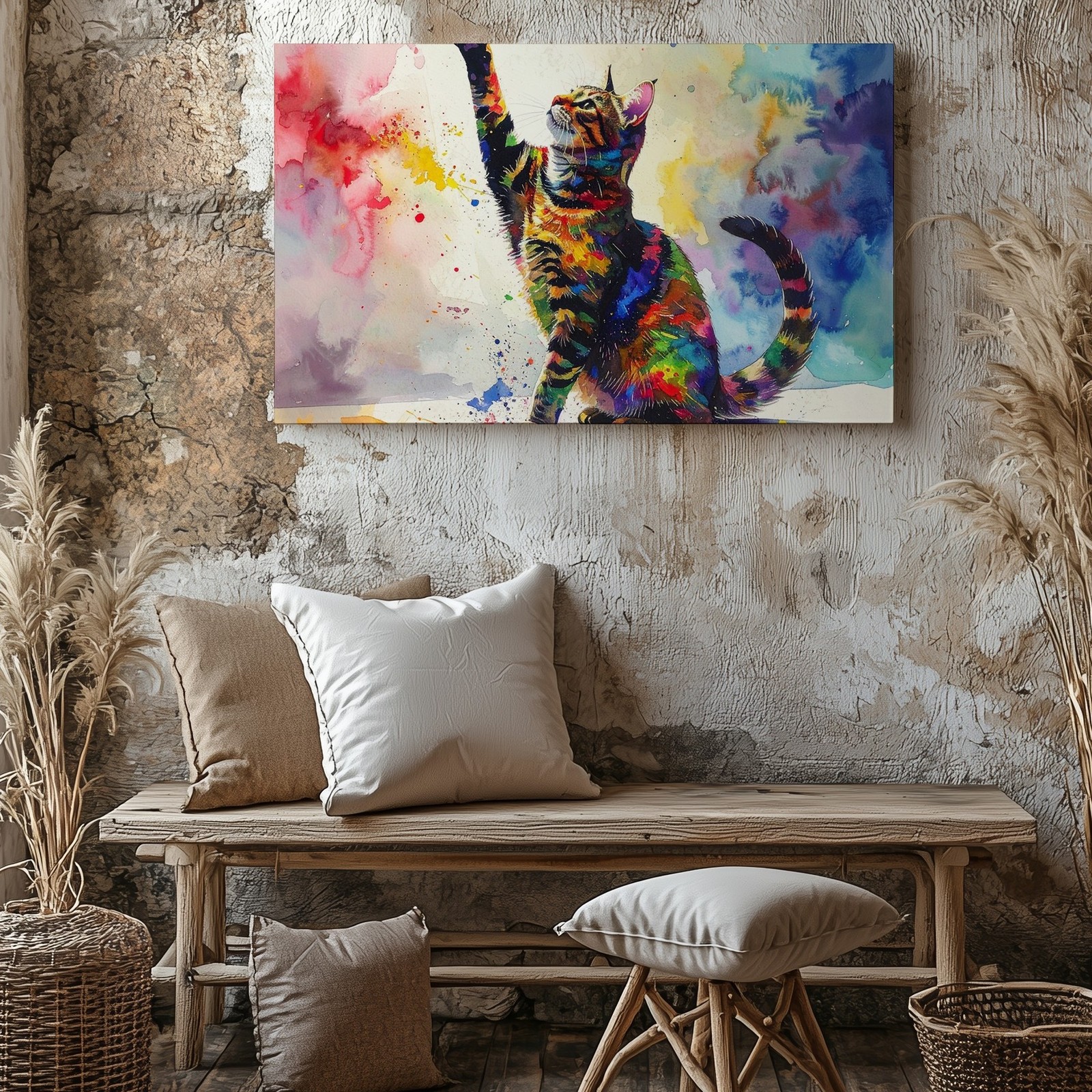 Dynamic Abstract Cat Canvas Colorful Watercolor Feline Art Embrace The Energy