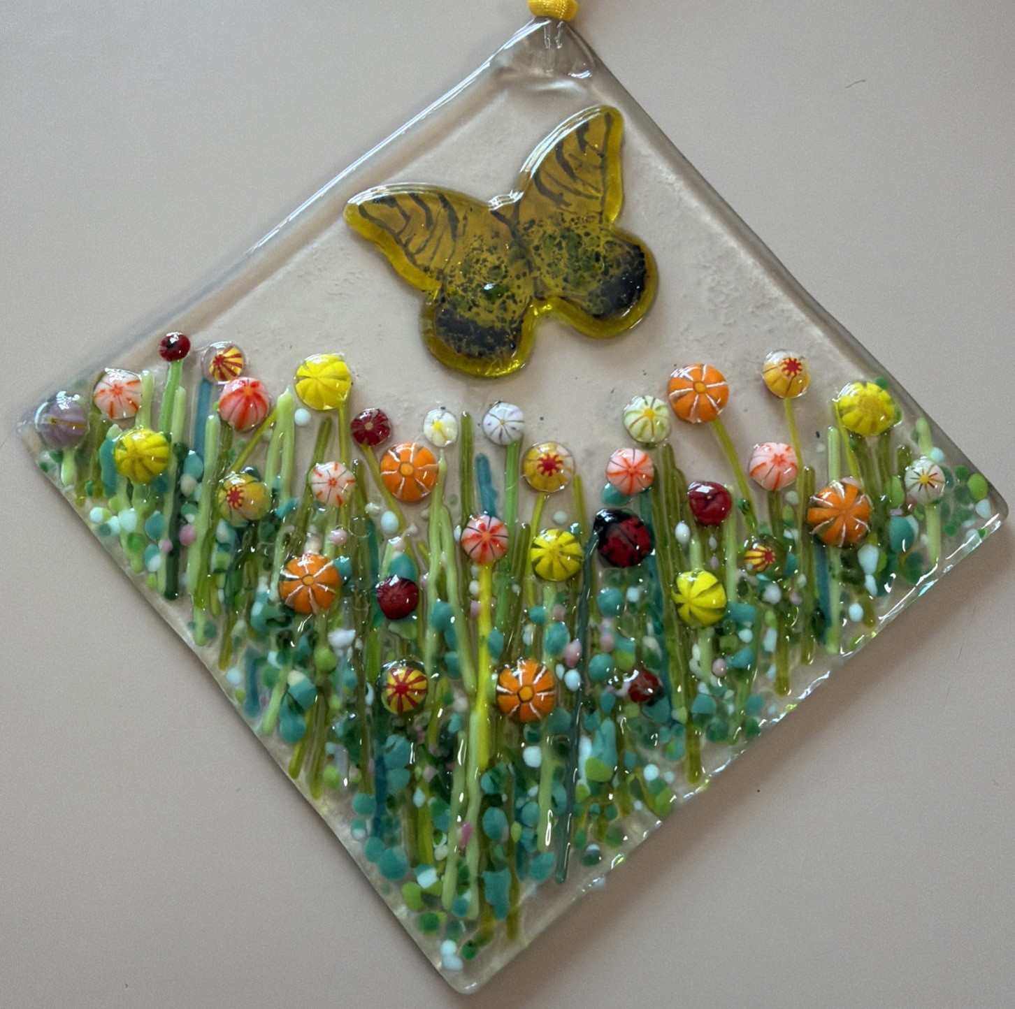 Fused Glass Handmade Diamond Shaped Multicolored Sun Catcher Signed By Artist