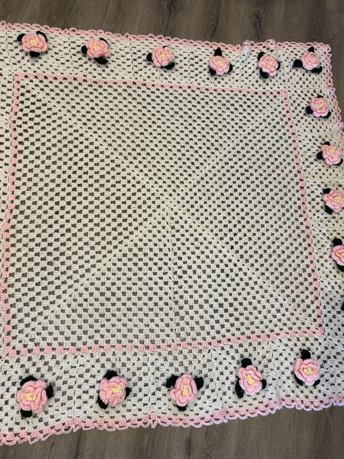 Vintage Handmade Crochet Afghan Throw Blanket White 3D Pink Roses Cottage Core