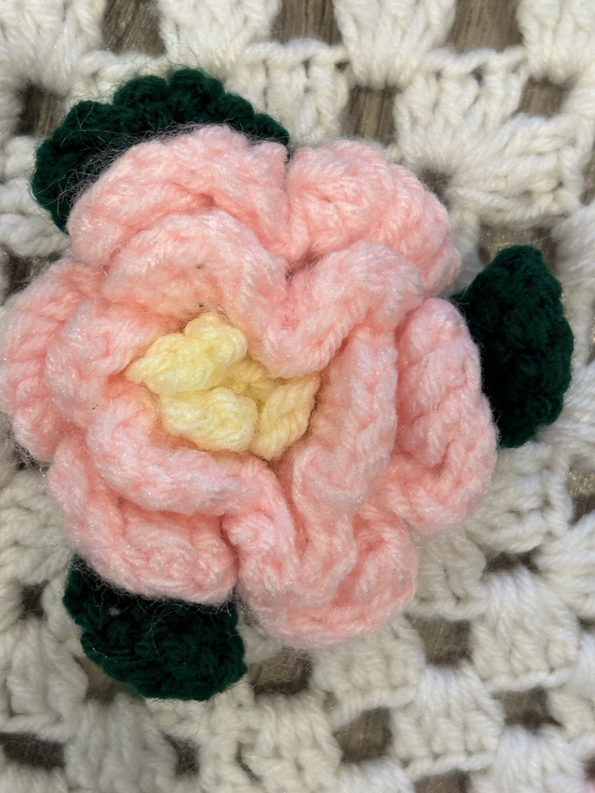 Vintage Handmade Crochet Afghan Throw Blanket White 3D Pink Roses Cottage Core