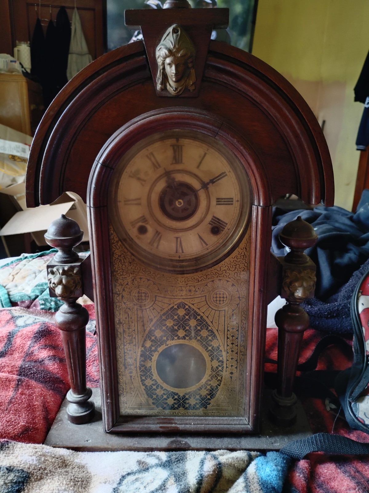 Mechanical Wind-Up Arch Mantel Clock Pendulum Roman Numerals Bim-Bam Chime