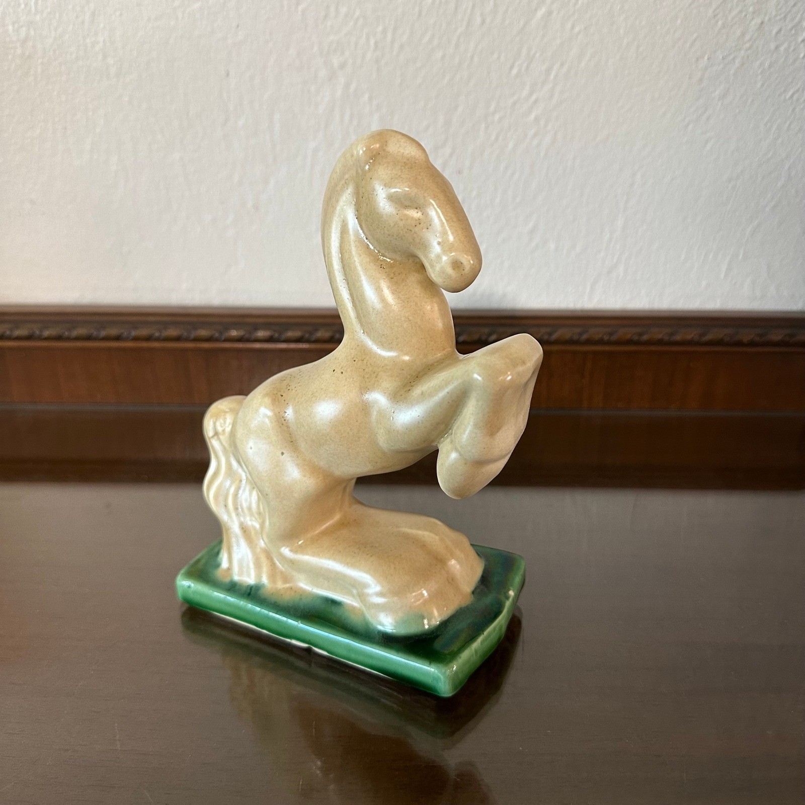 Vintage Ceramic Rearing Horse Figurine Art Deco Style Tan and Green Glaze