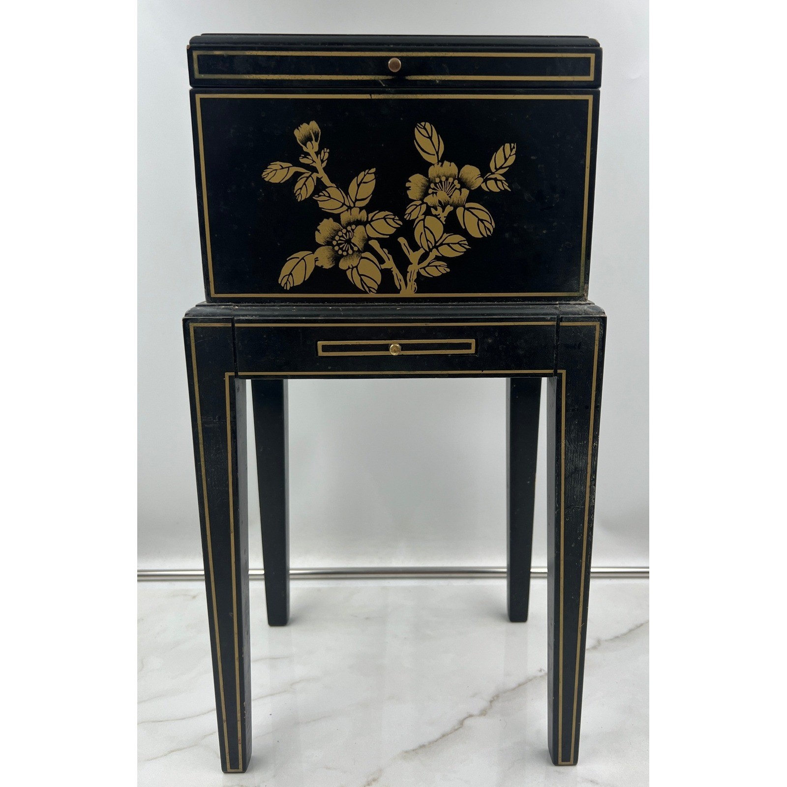Vintage Chinoiserie Black Lacquer Jewelry Box on Stand Gold Floral Landscape