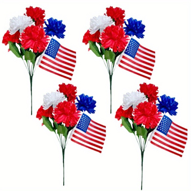 4Pcs Patriotic Artificial Flowers w/American Flag 4th of July Veterans Day Decor
