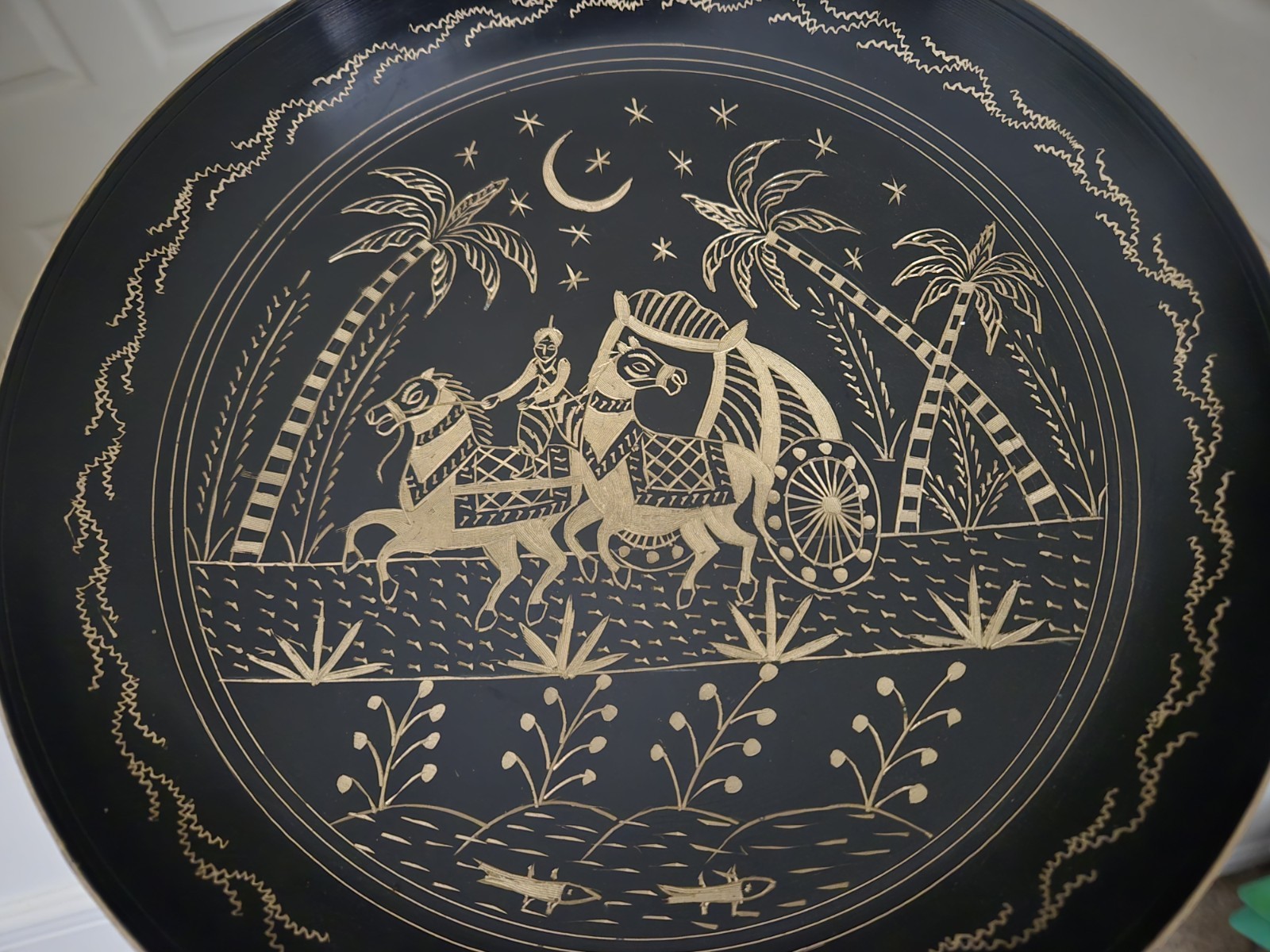 STUNNING OOAK LARGE VINTAGE WALL HANGING SCENIC ART BOWL HORSES IN DESERT NIGHT