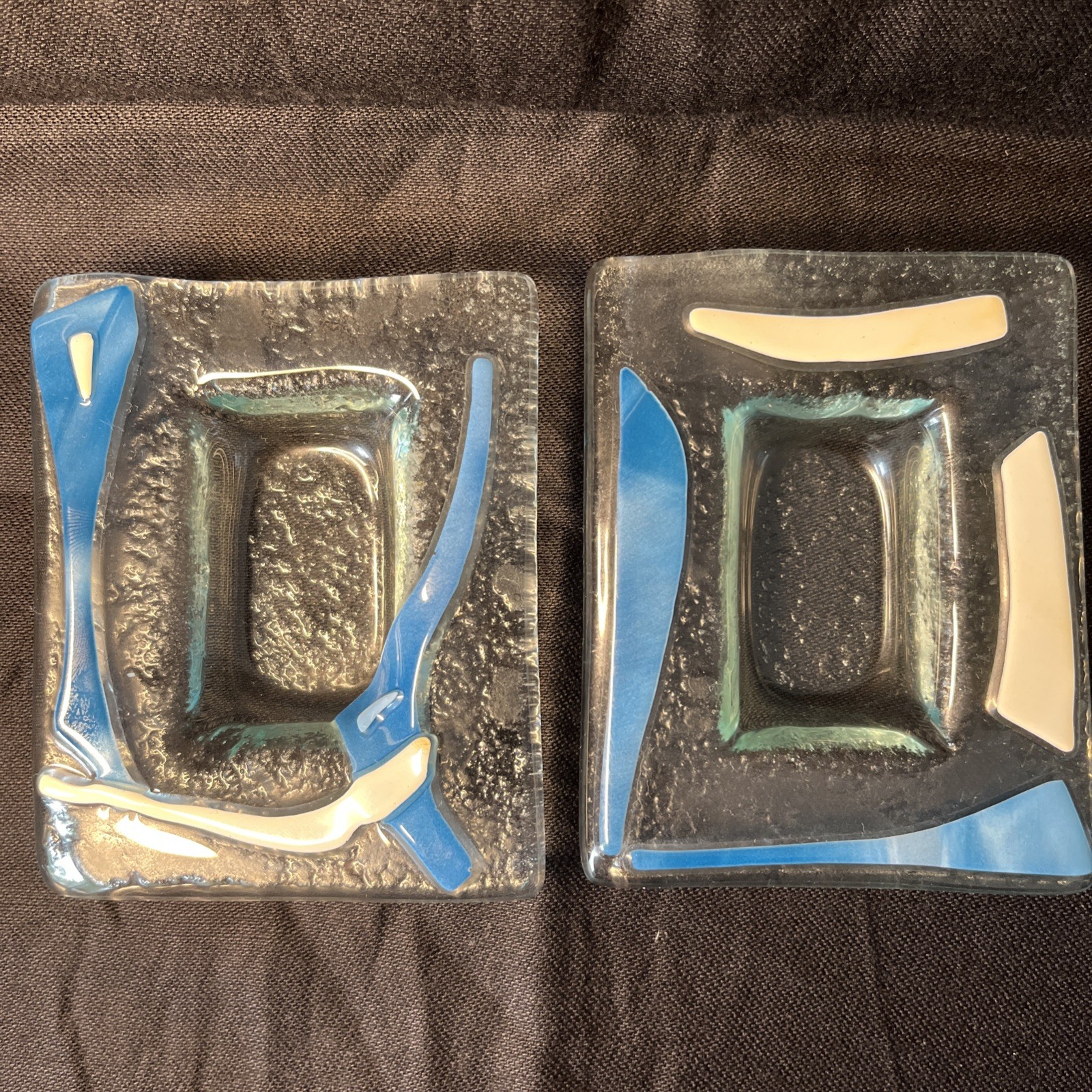 Pair of Fused Art Glass Trinket Dishes – Abstract Blue & White