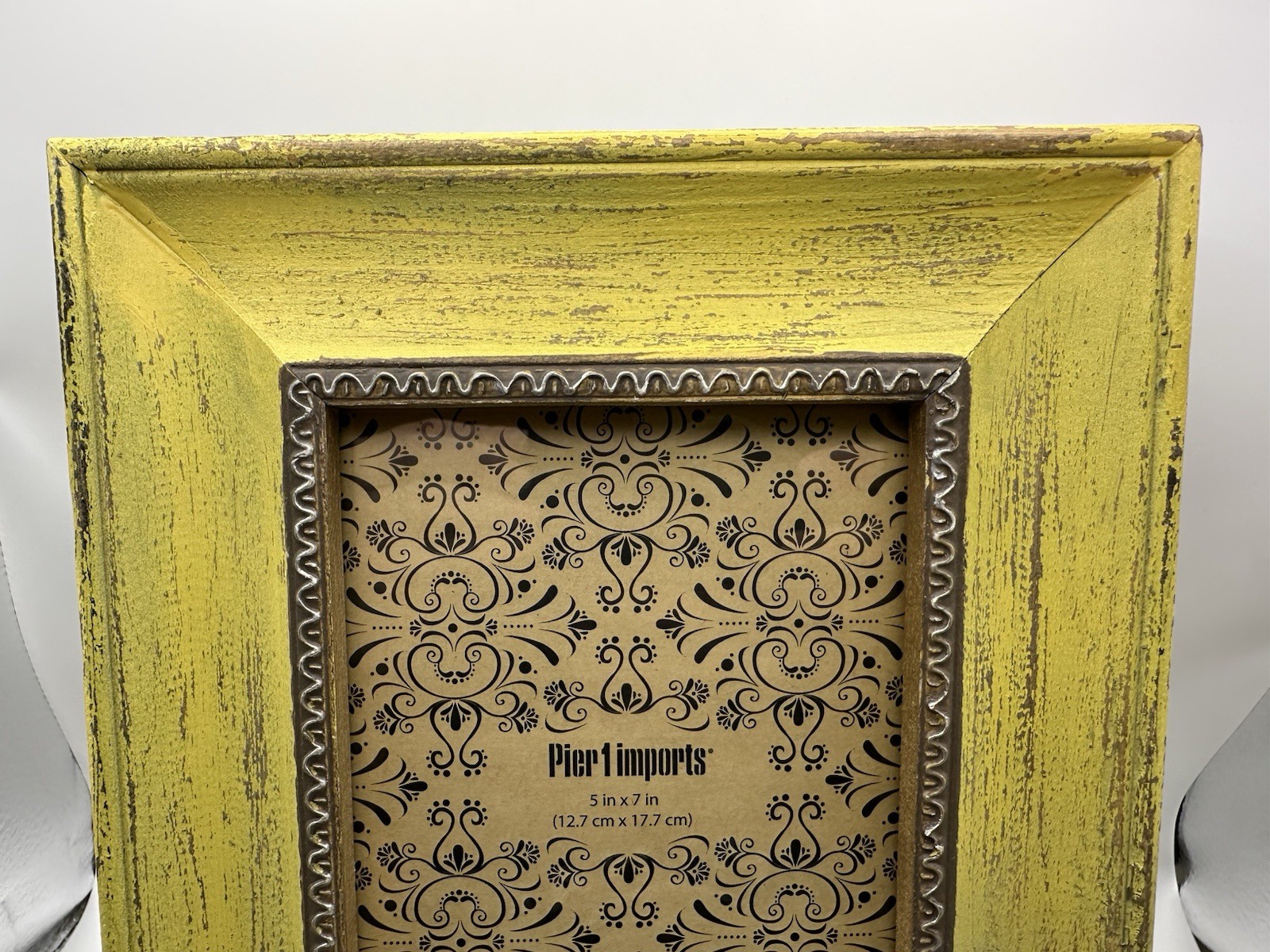 Pier 1 Imports Picture Frame Wood Yellow Distressed Flower Fits 5×7 Cottagecore
