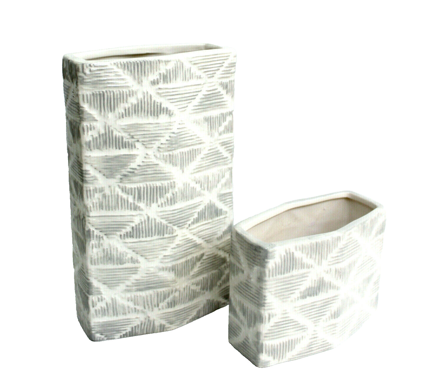 Nate Berkus Etched Ceramic Decorative Vase Set of 2 White & Gray NEW