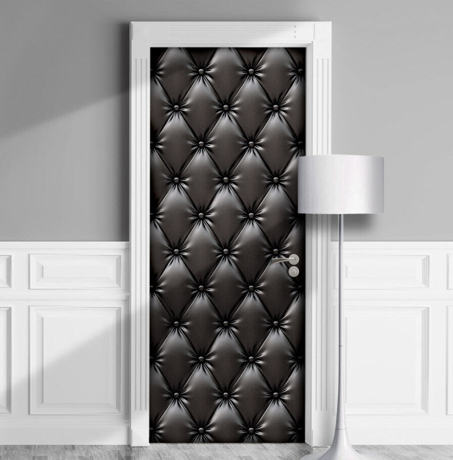 Luxury Black Leather Door Cover Sticker. Glossy Laminated Decal. Single piece