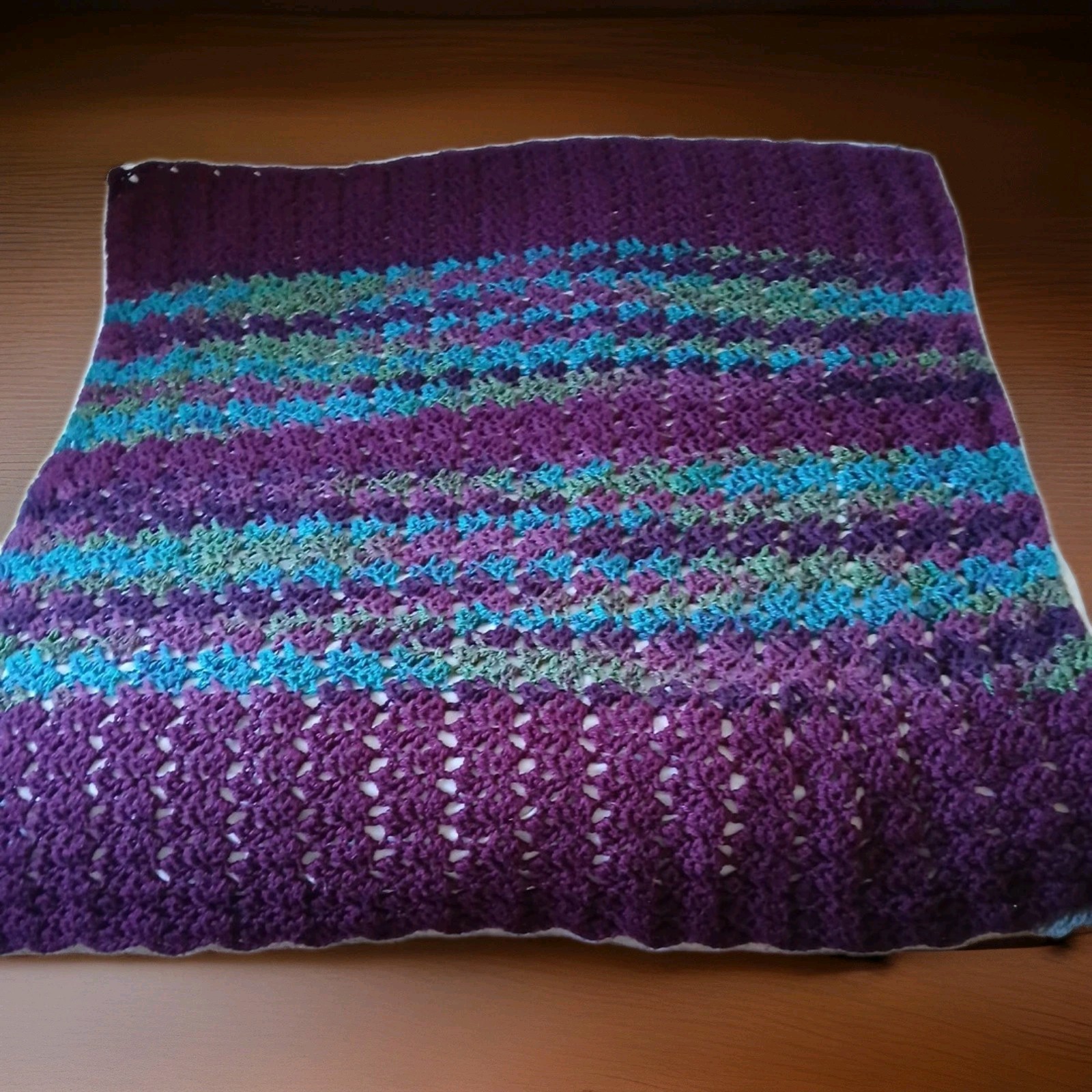 Handmade Crochet Afghan/ Throw Blanket 64&Prime;x54&Prime; Maroon, Teal,Aqua Color.Beautiful