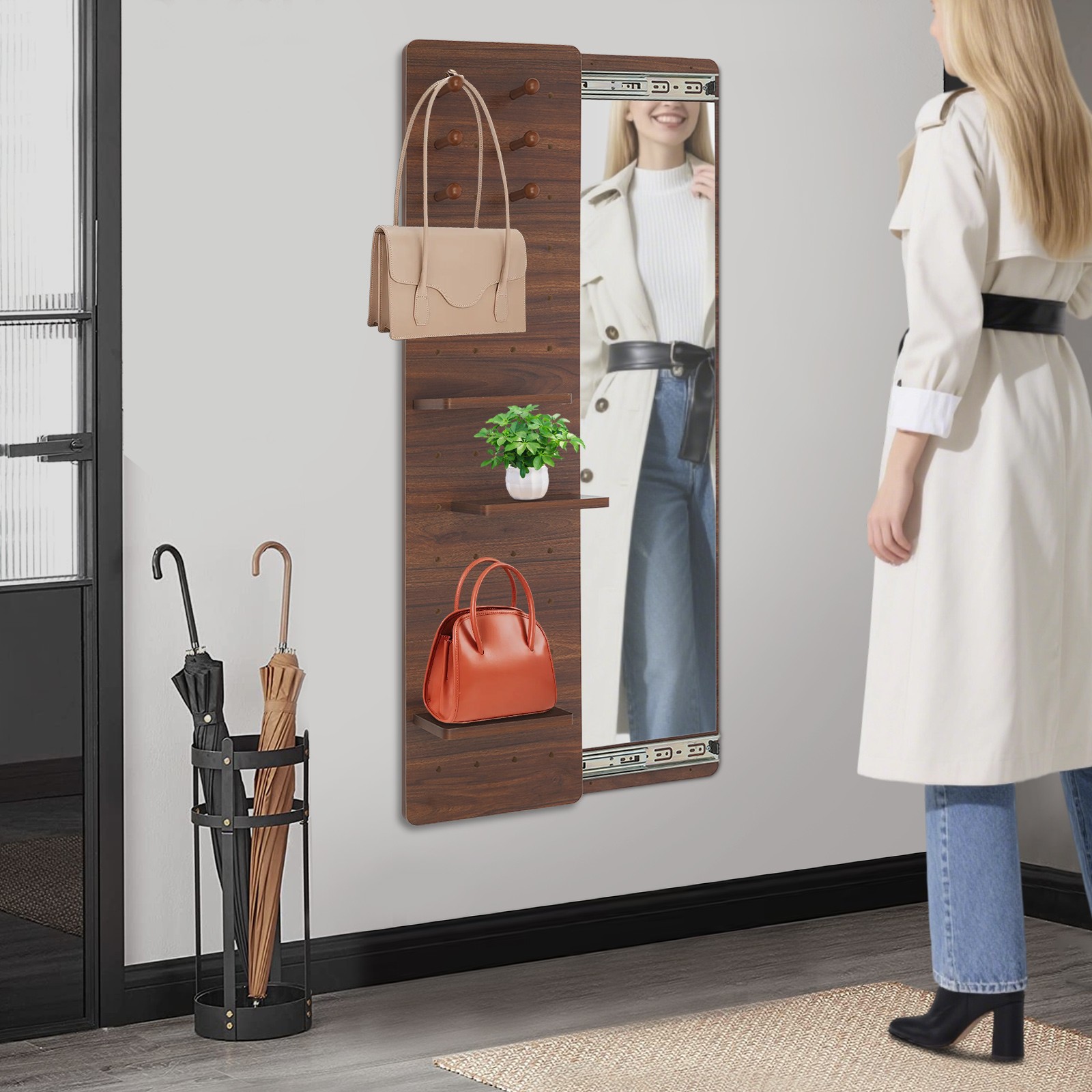 Wall Mirror for Bedroom Wall,Wall-Mounted Full-Length Mirror W/3*Shelves+6*Hooks