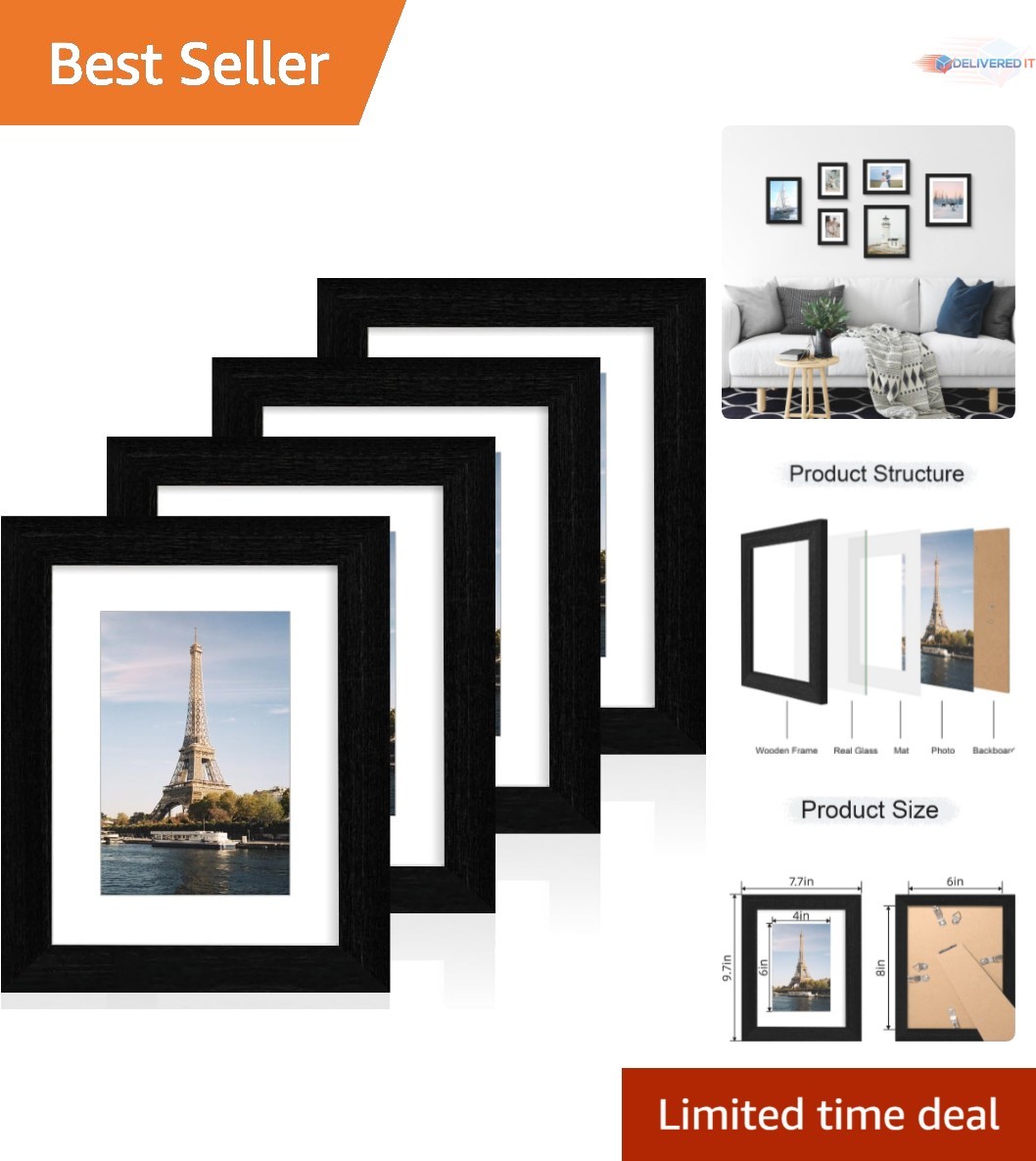 6×8 Picture Frame Set of 4 Woodgrain Rustic Photo Frames for Wall Desk Display