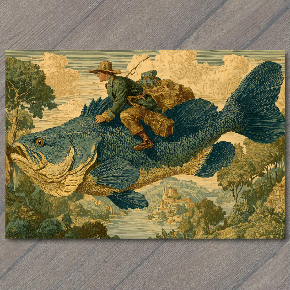 Art Print Explorer Riding Flying Fish Over River Valley Fantasy Travel Adventure