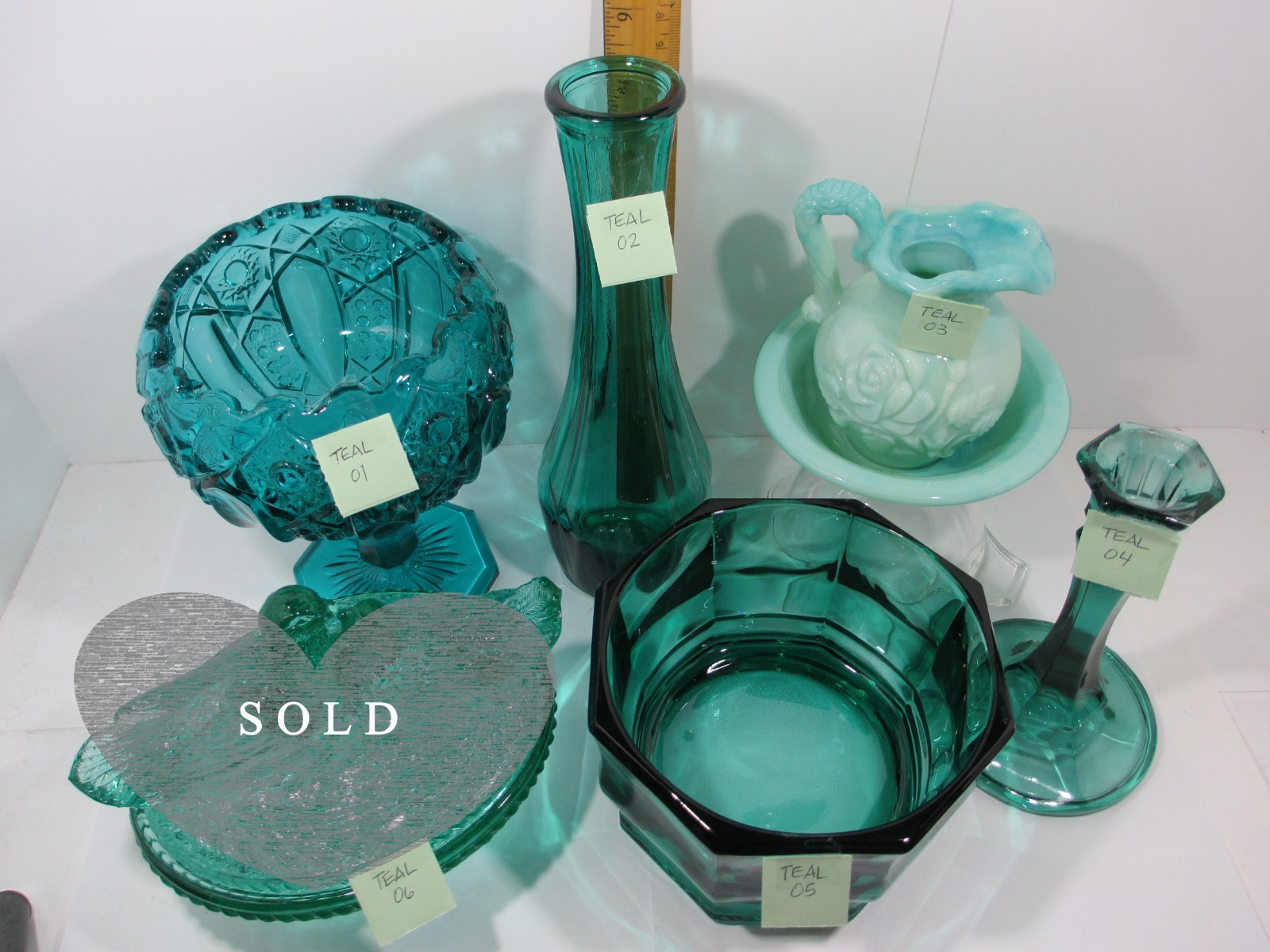 Assorted vintage retro modern glass decor, teal green blue, SOLD SEPARATELY