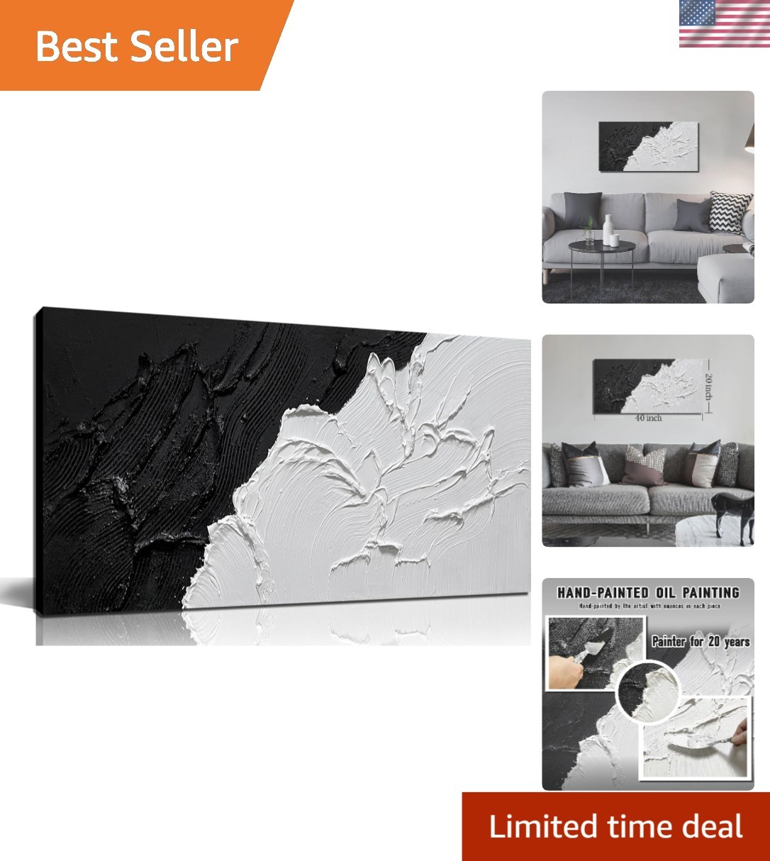 Minimalist Black and White Abstract Art Canvas, 20&Prime; x 40&Prime; – Stylish Home Decor