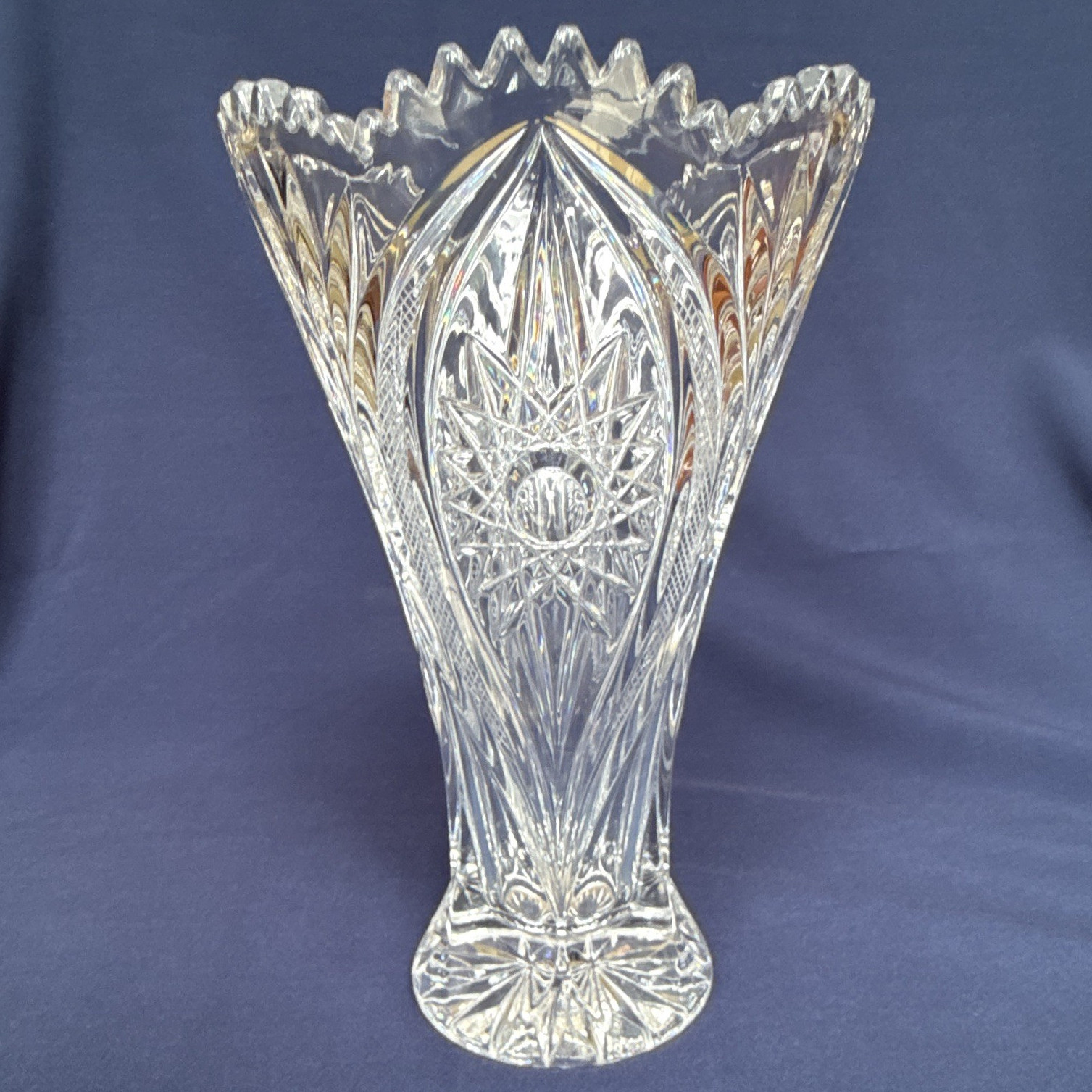 Clear Cut Glass Trumpet Flower Vase, Decorative Freestanding, Clear