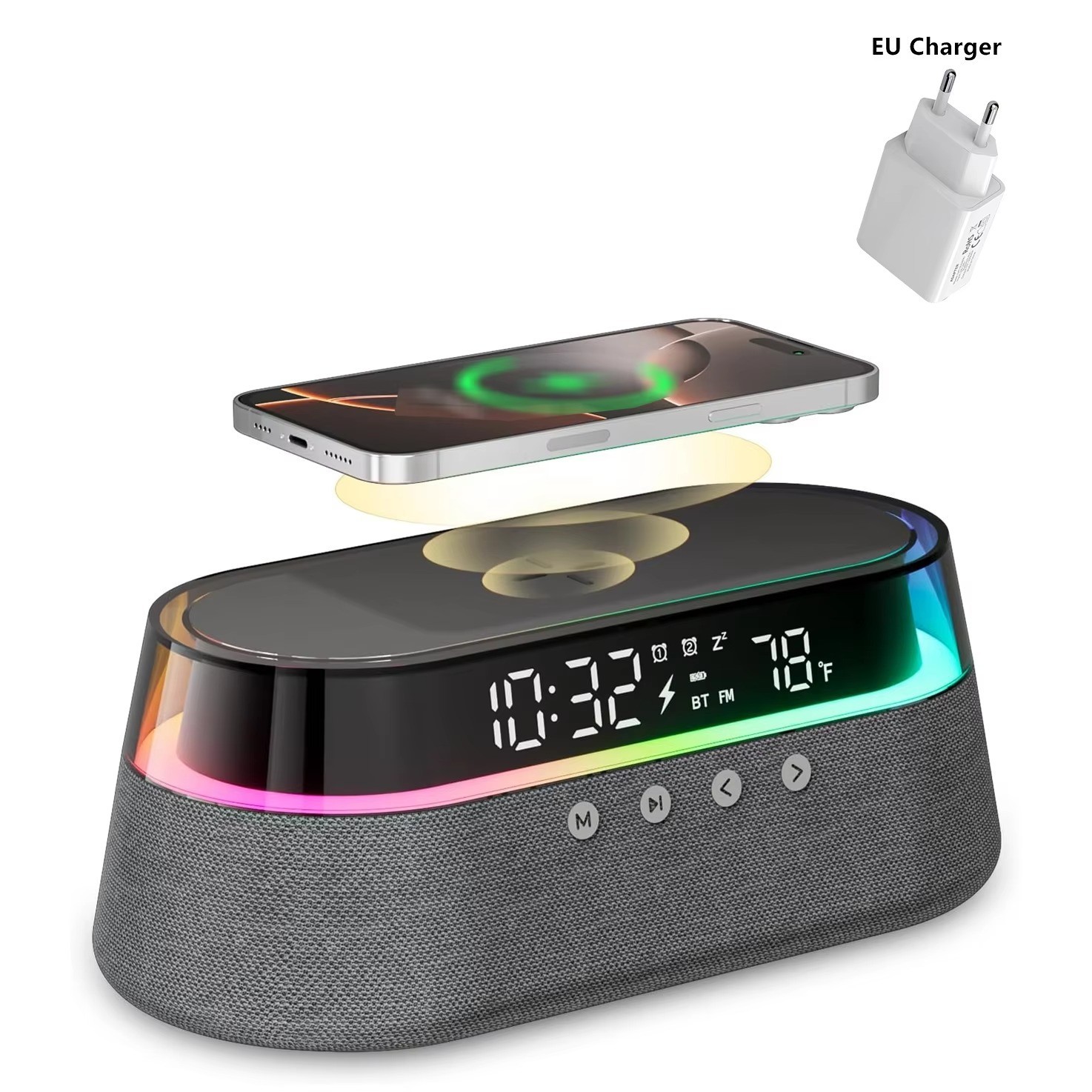 🌈 6-in-1 Smart Alarm Clock Wireless Charger Bluetooth Speaker FM Radio RGB Ligh