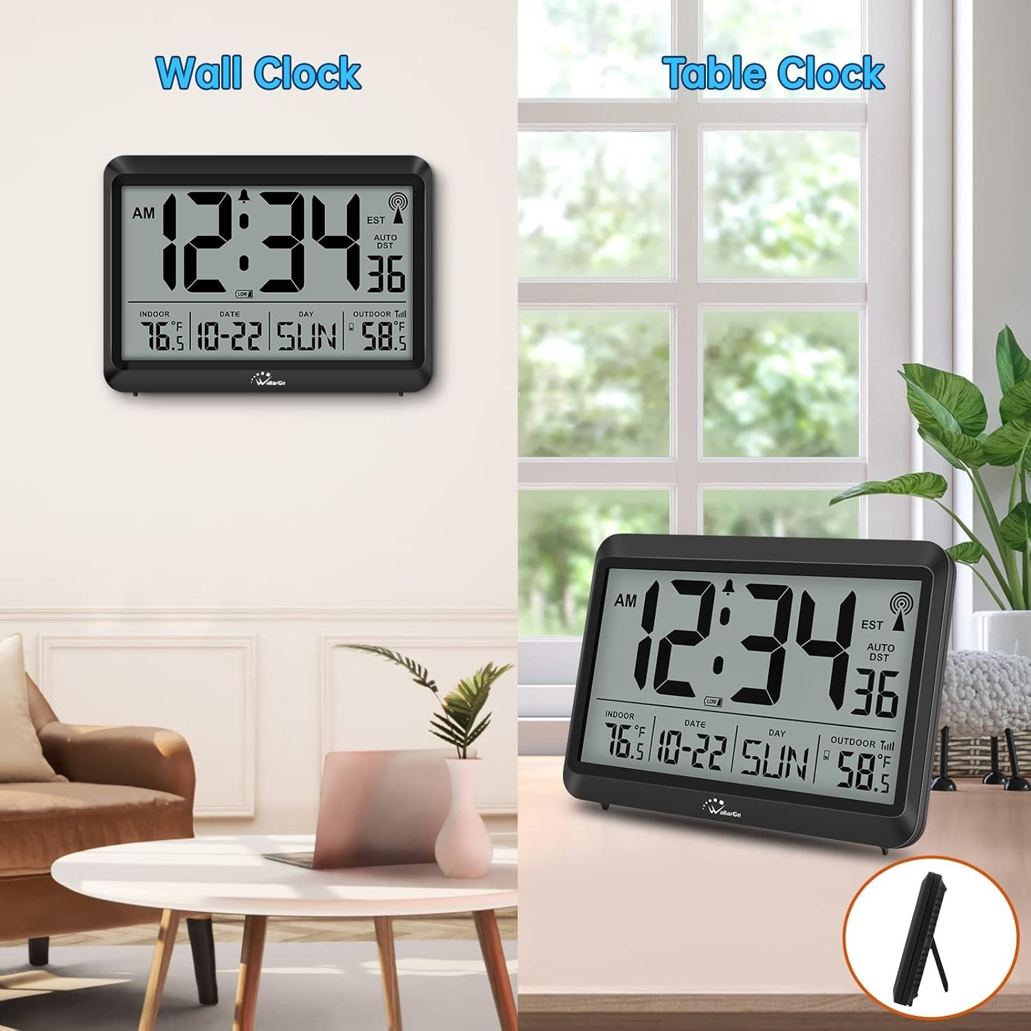 WallarGe Atomic Clock with Indoor Outdoor Temperature, Self-Setting Wall Clock