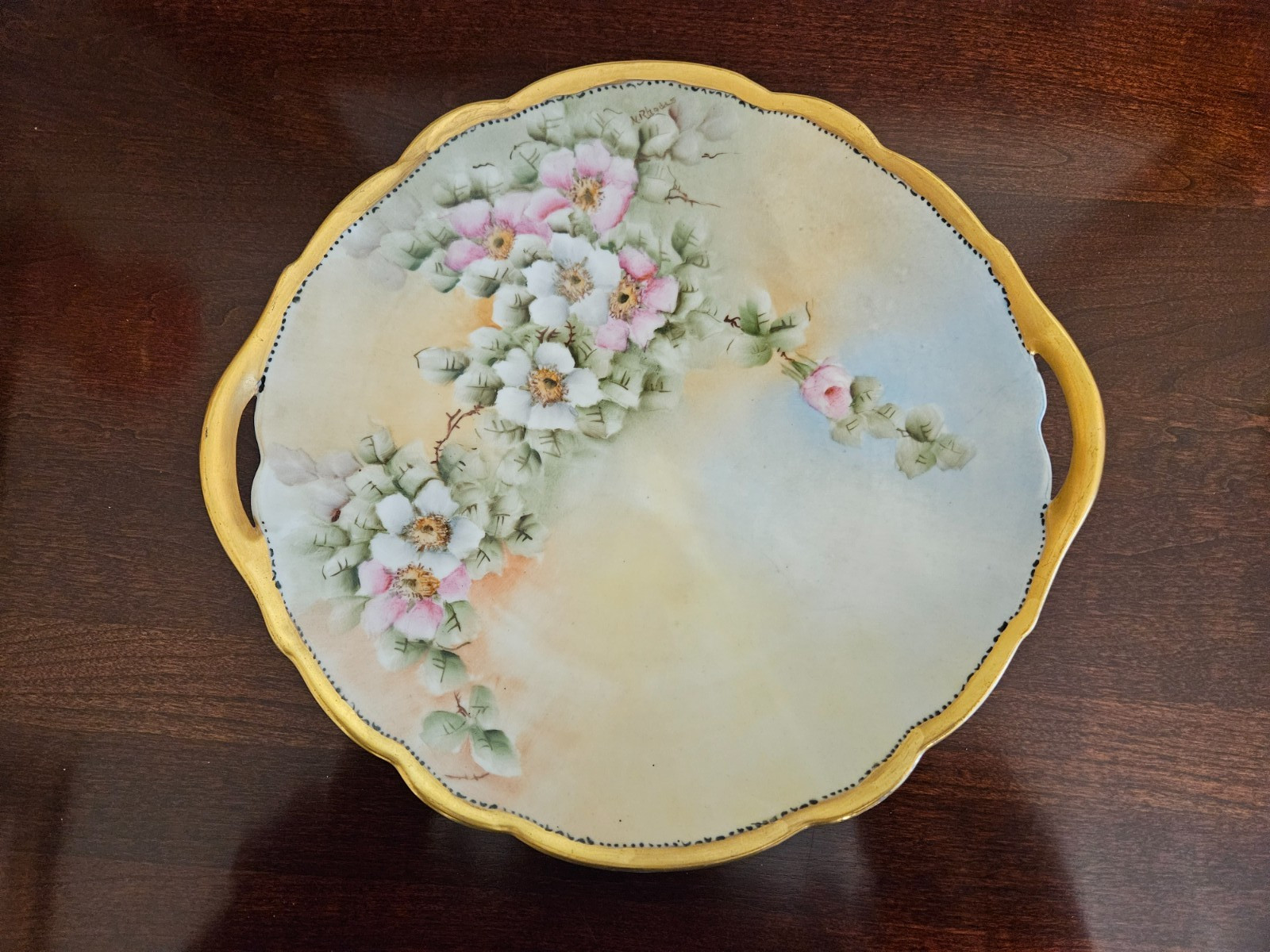 Antique 1920&rsquo;s B&Co Limoges Serving Plate with Handles 10.25&Prime; – Apple Blossoms