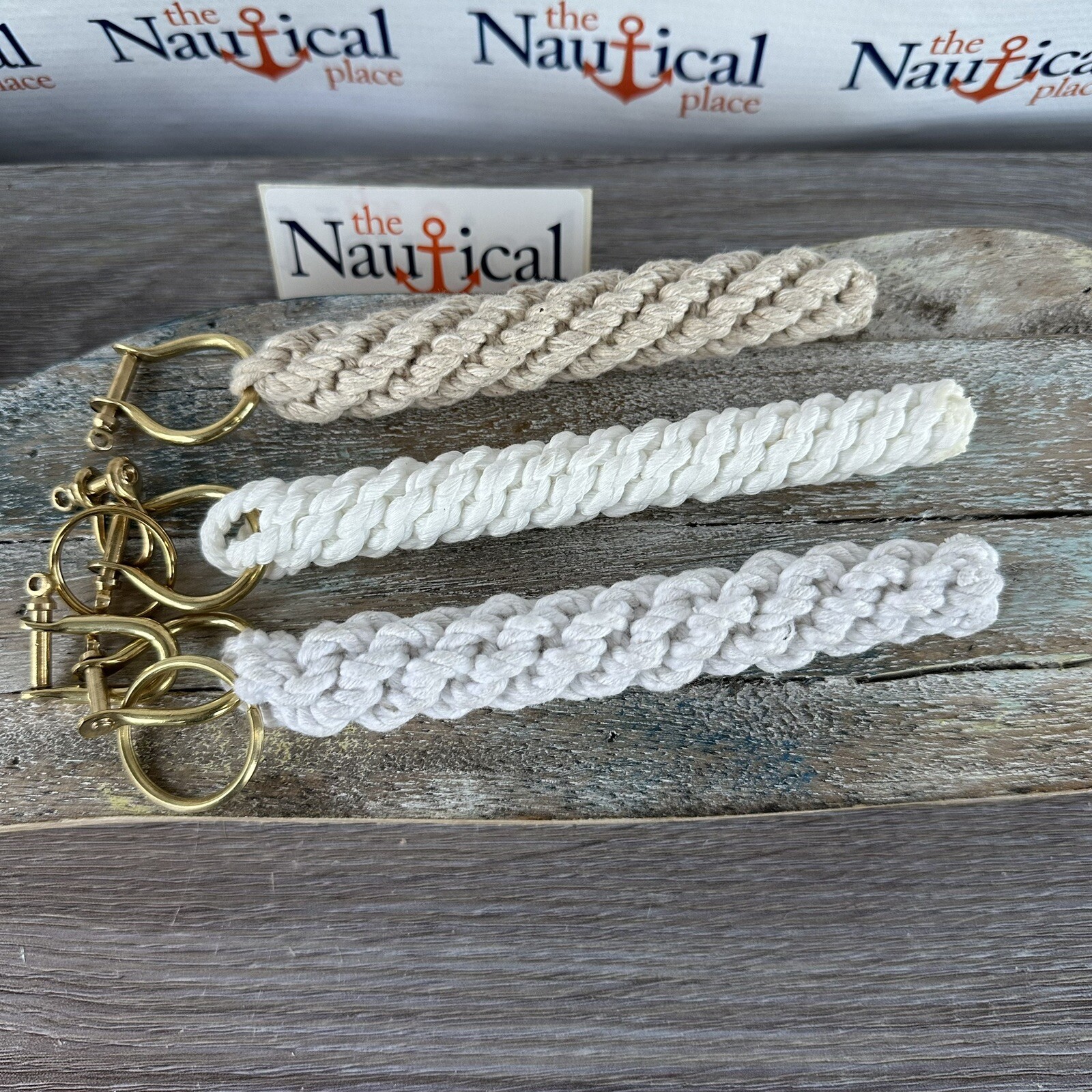 Rope Bell Pull w/ 2 Brass Shackles & Ring, Hand Tied, White, Off White, Natural