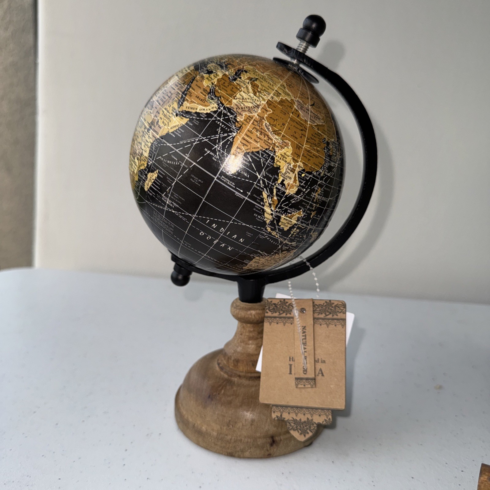 Decorative Tabletop Rotating Globe Black Beige with Wooden Base New