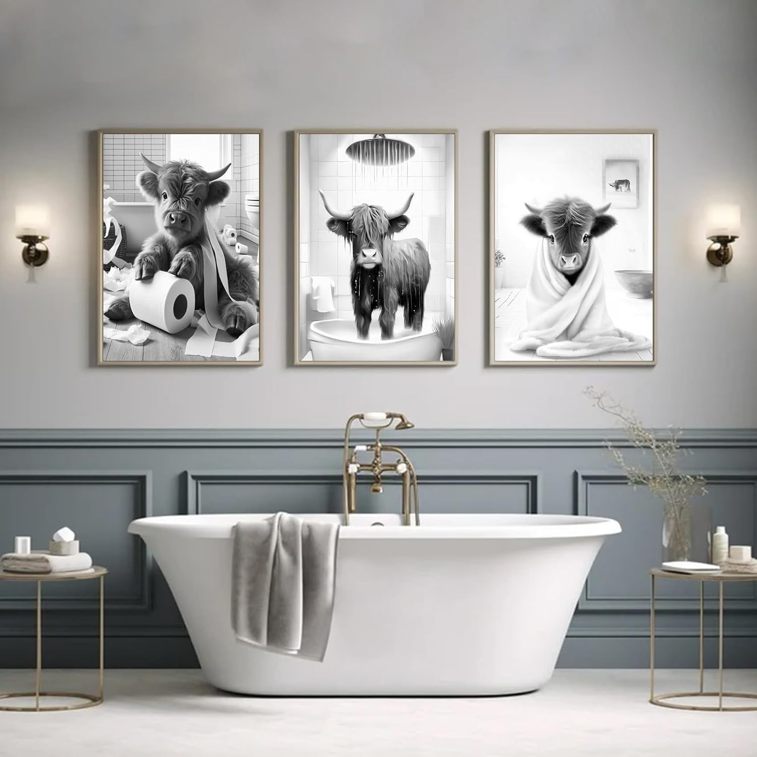 Humorous Black and White Highland Cow Canvas Prints – 8x10in Bathroom Decor