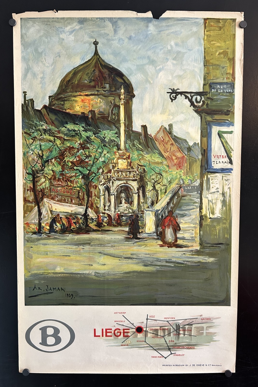 original 1939 LIEGE Belgium Railway Travel Poster 24.5×39.5 Armand Jamar