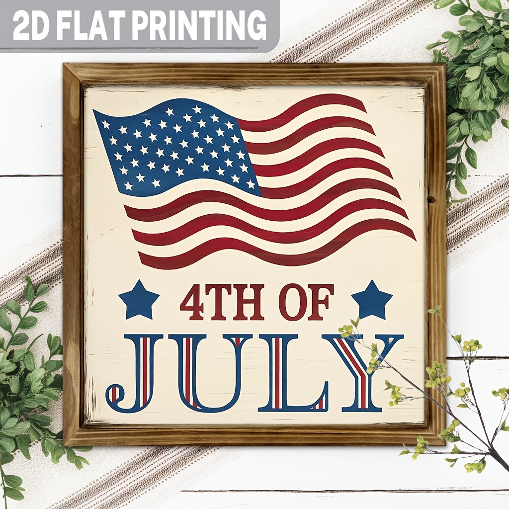 2D American Flag July 4Th Vintage Wood Framed Sign Patriot Theme Wall Art Decor