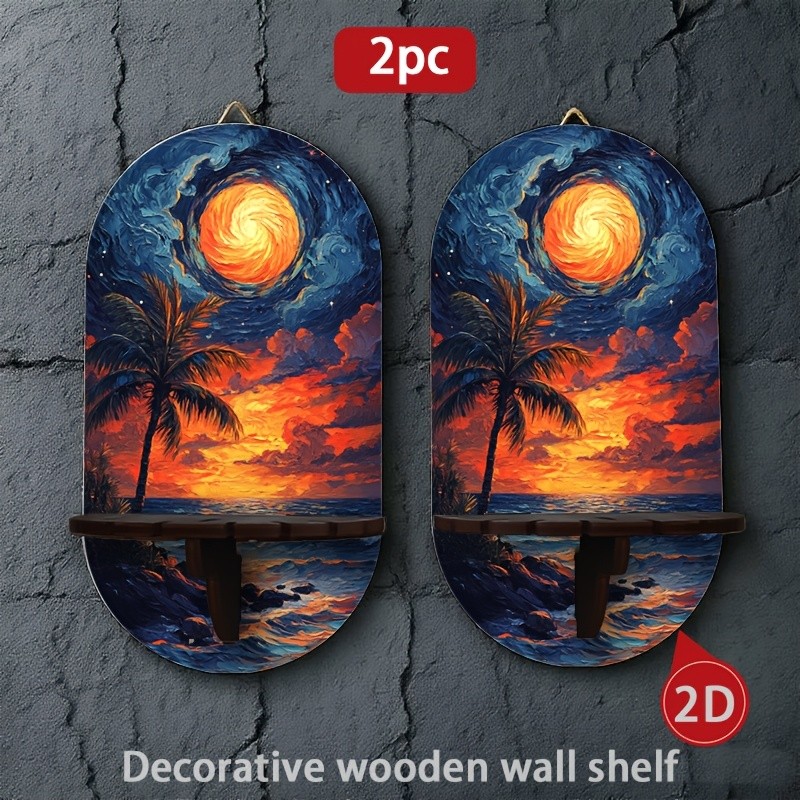 2D Sunset Beach Candle Holder Multifunctional Wooden Wall Display Storage Shelf
