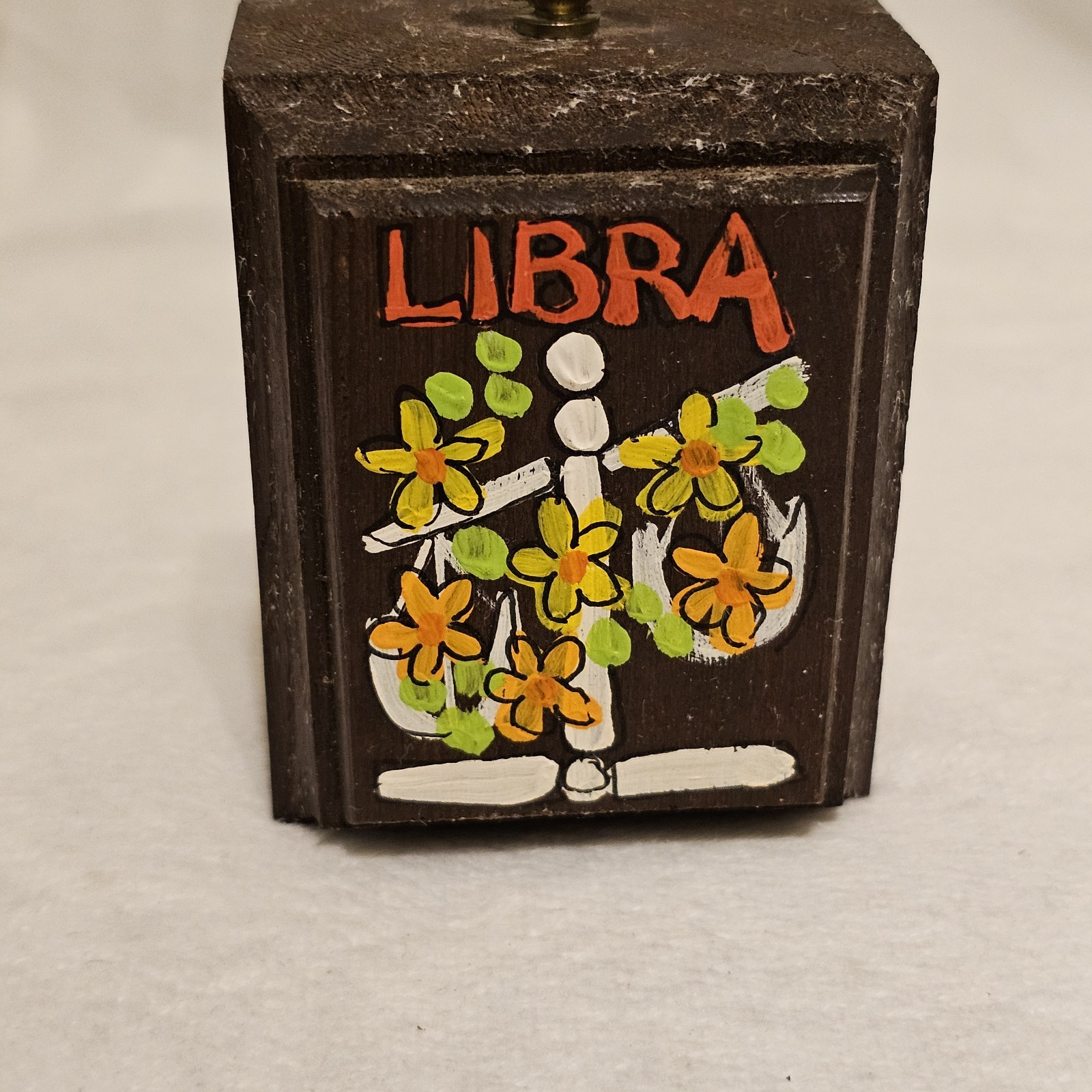Libra Wood Wall Art. Artist Signed. 4×2.75×1.75 In. Zodiac Block Flowers