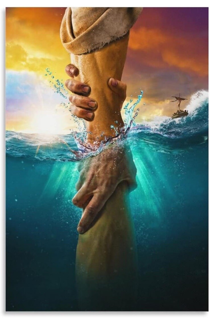 Jesus Christ Saves Peter From Drowning 16.75×24.75 Canvas Wall Art Poster Faith