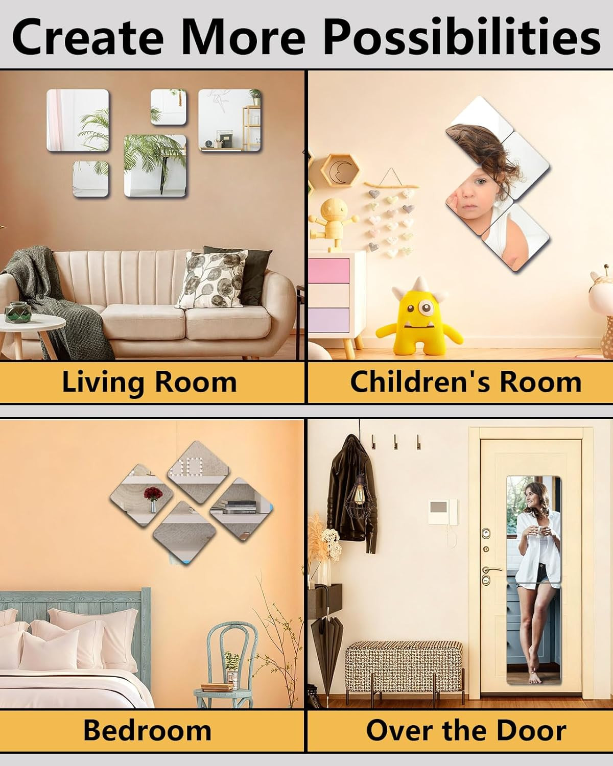 Full-Length Shatterproof Wall Mirror Set, 12×12 Inch, 4 Pcs, Safe for Kids