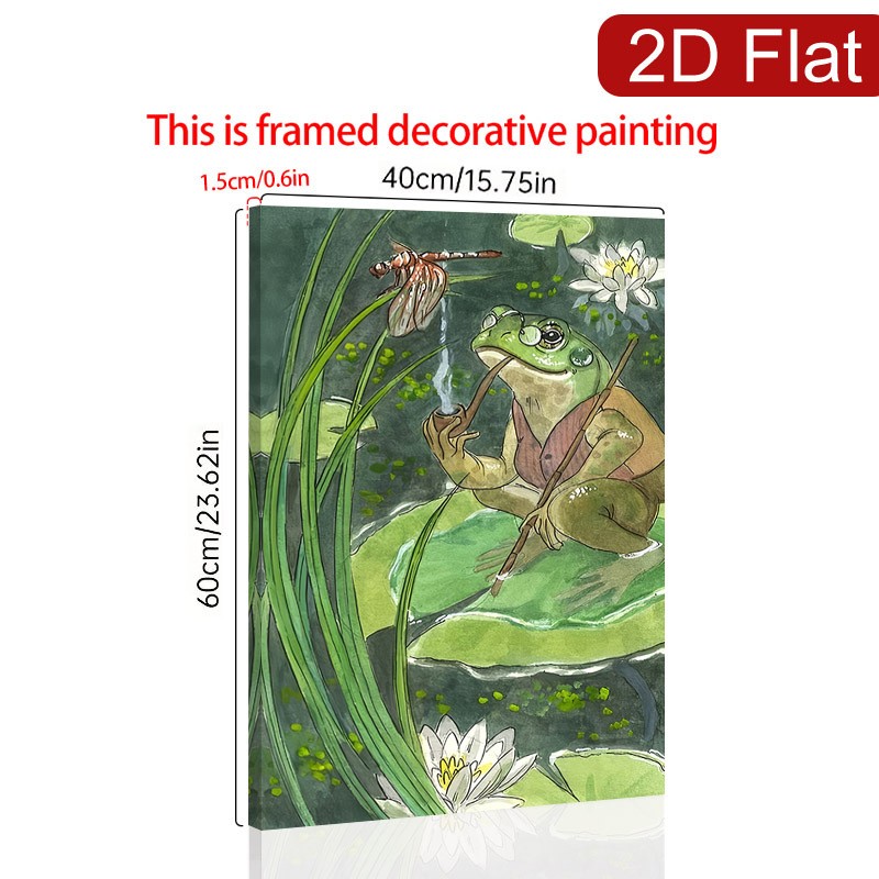 Frog with Pipe on Lily Pad Canvas Wall Art, Whimsical Nature Home Decor