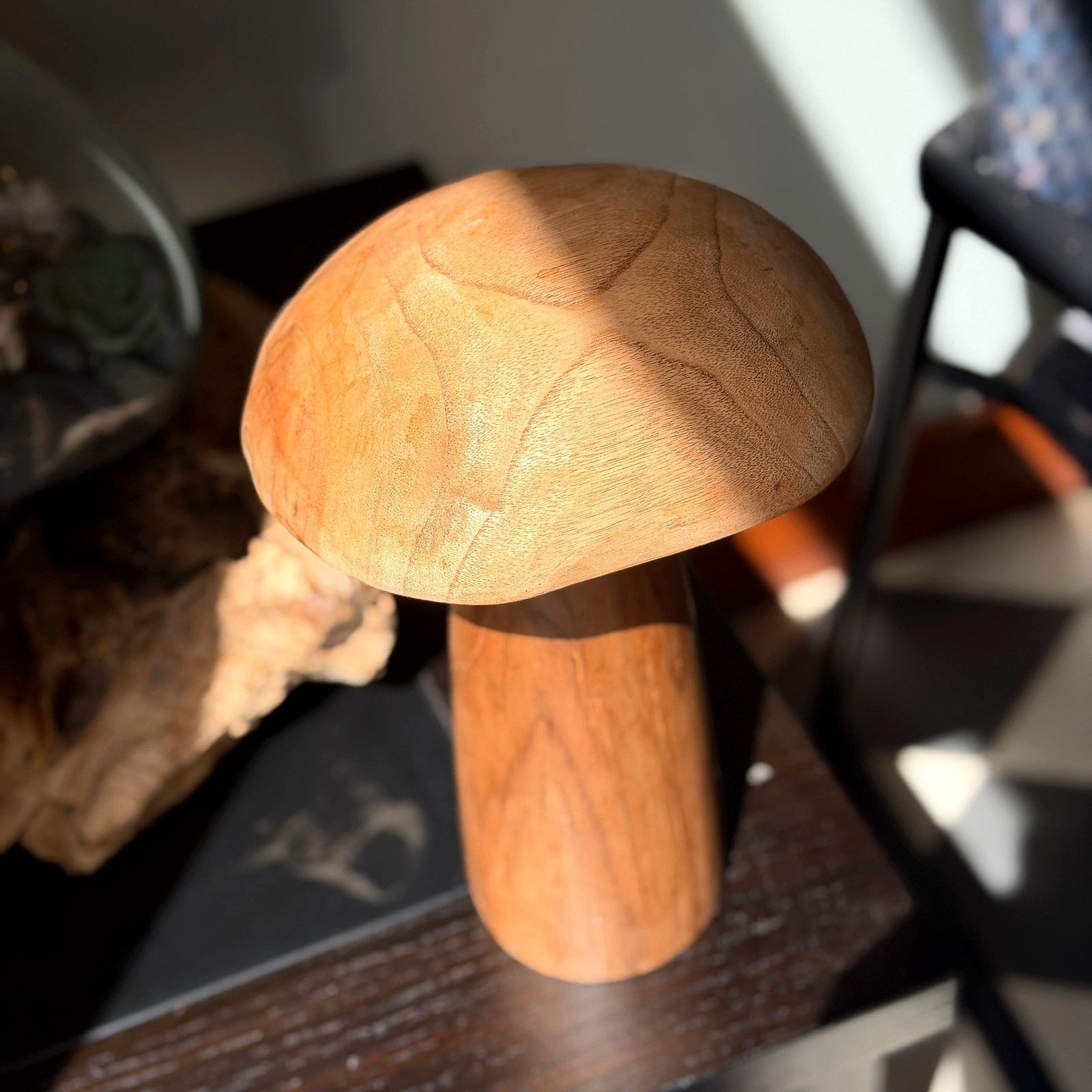 Wood Mushroom Statue 12.5 in Natural Solid Wood Freestanding Sculpture