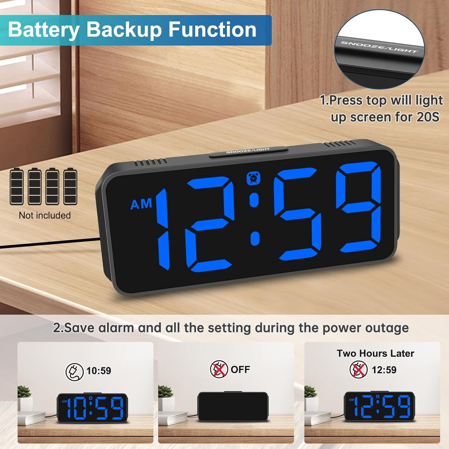 Small Digital Alarm Clock Plug In LED Large Display Dimmer Volume Backup Blue