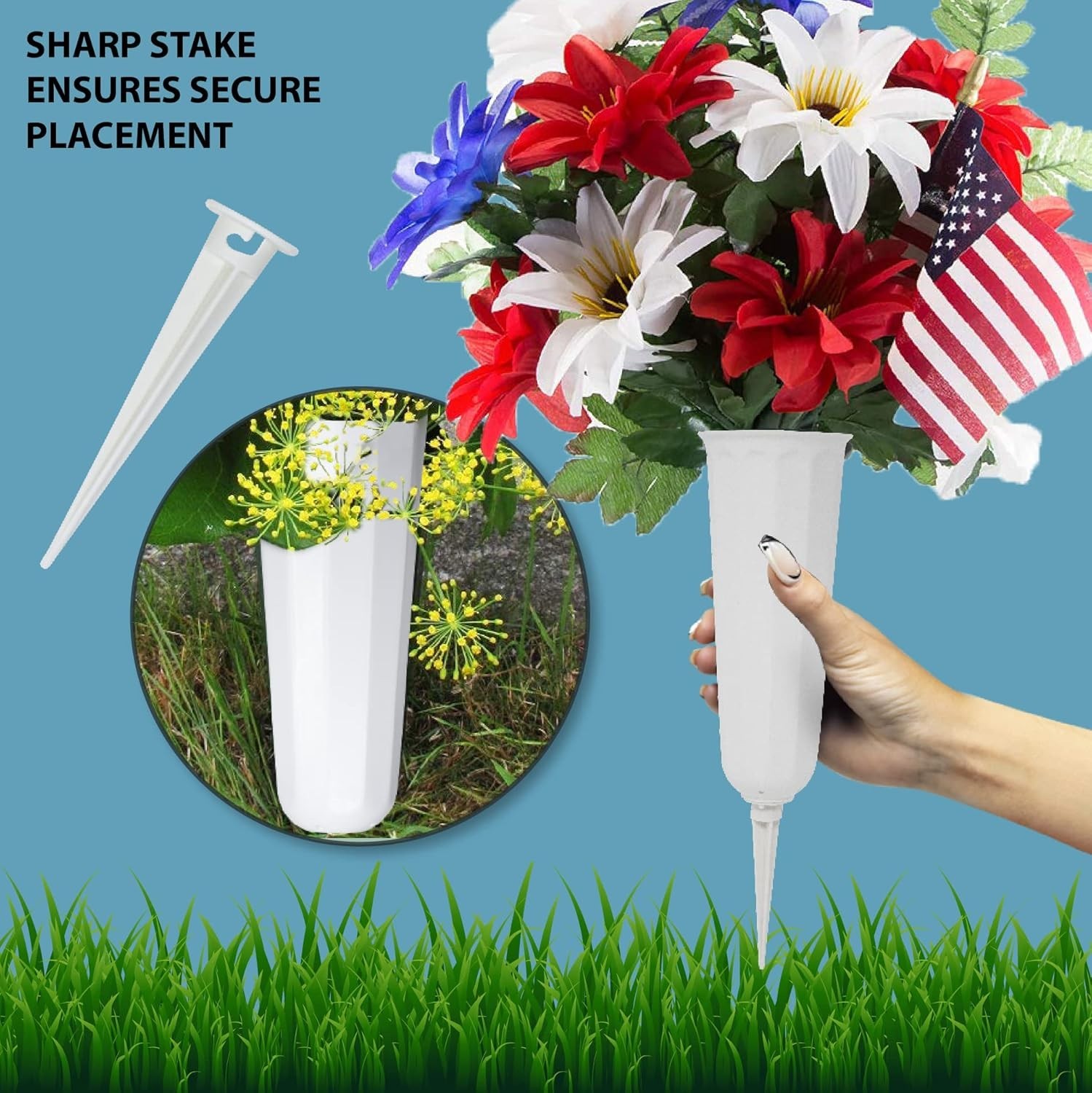 Durable White Flower Vases with Ground Stakes – Perfect for Memorials, 2 Pack
