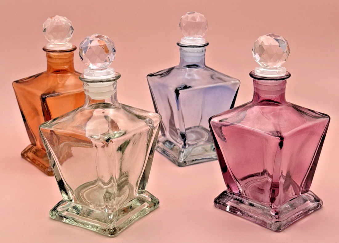 Decorative Lustrous Square Glass Bottles with Stopper, New, 5.5in x 2.25in, CUTE
