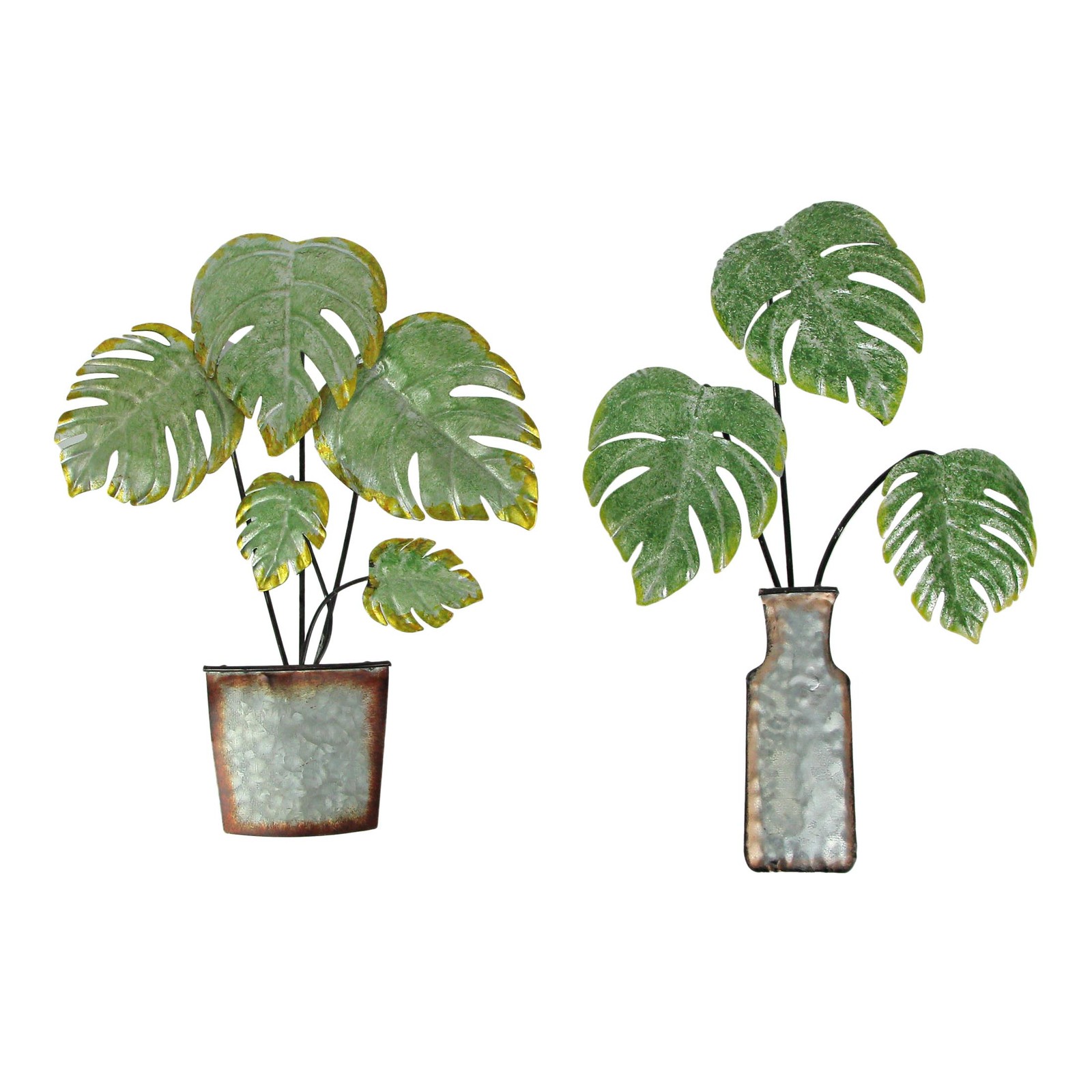 Set of 2 Metal Tropical Monstera Potted Plant Wall Art Sculpture Hanging Decor