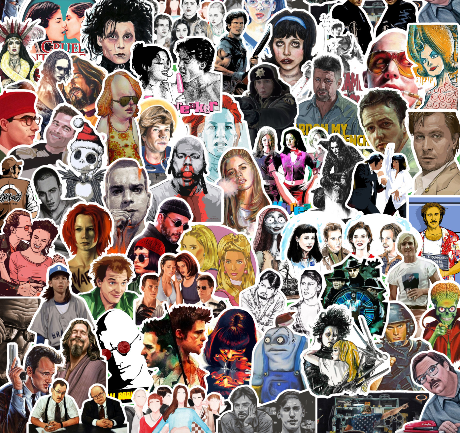 25/50 90&rsquo;s Cult Classic Movies Sticker Pack -Waterproof Matte Vinyl -Fight Club