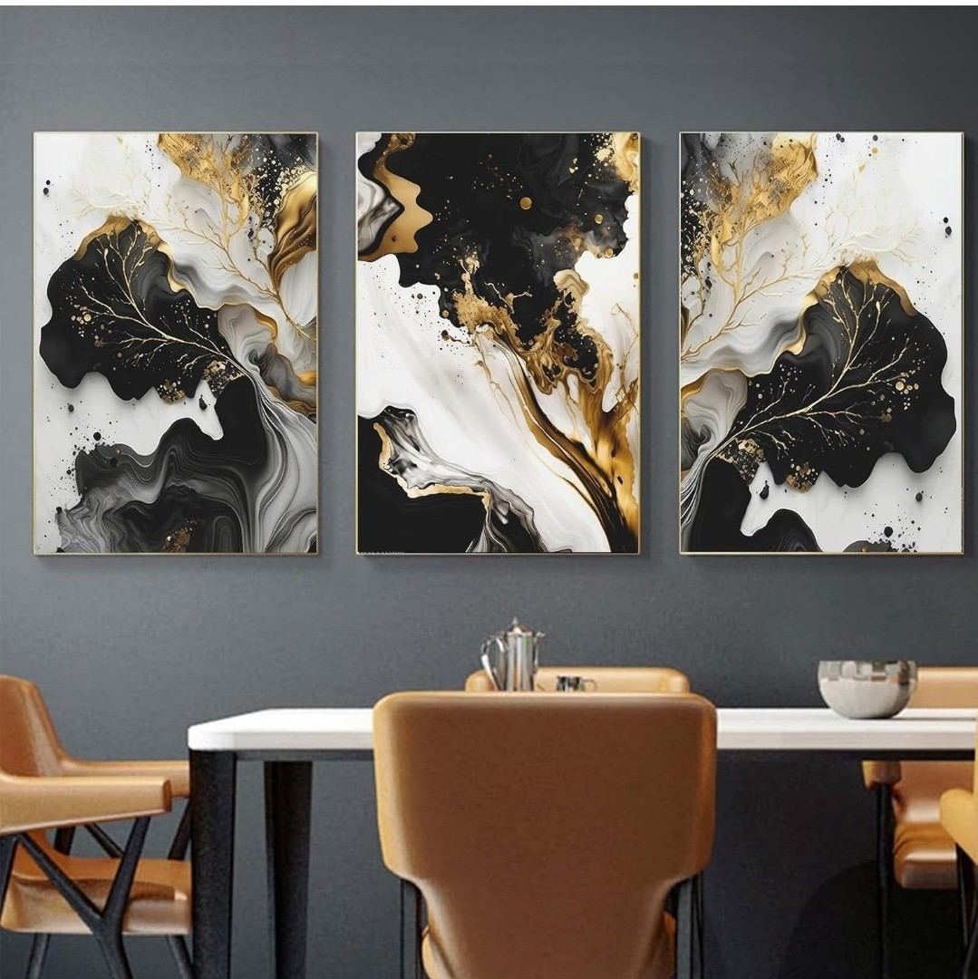 Black and Gold Leaf Wall Art – Abstract Painting With Grey and White – Modern…