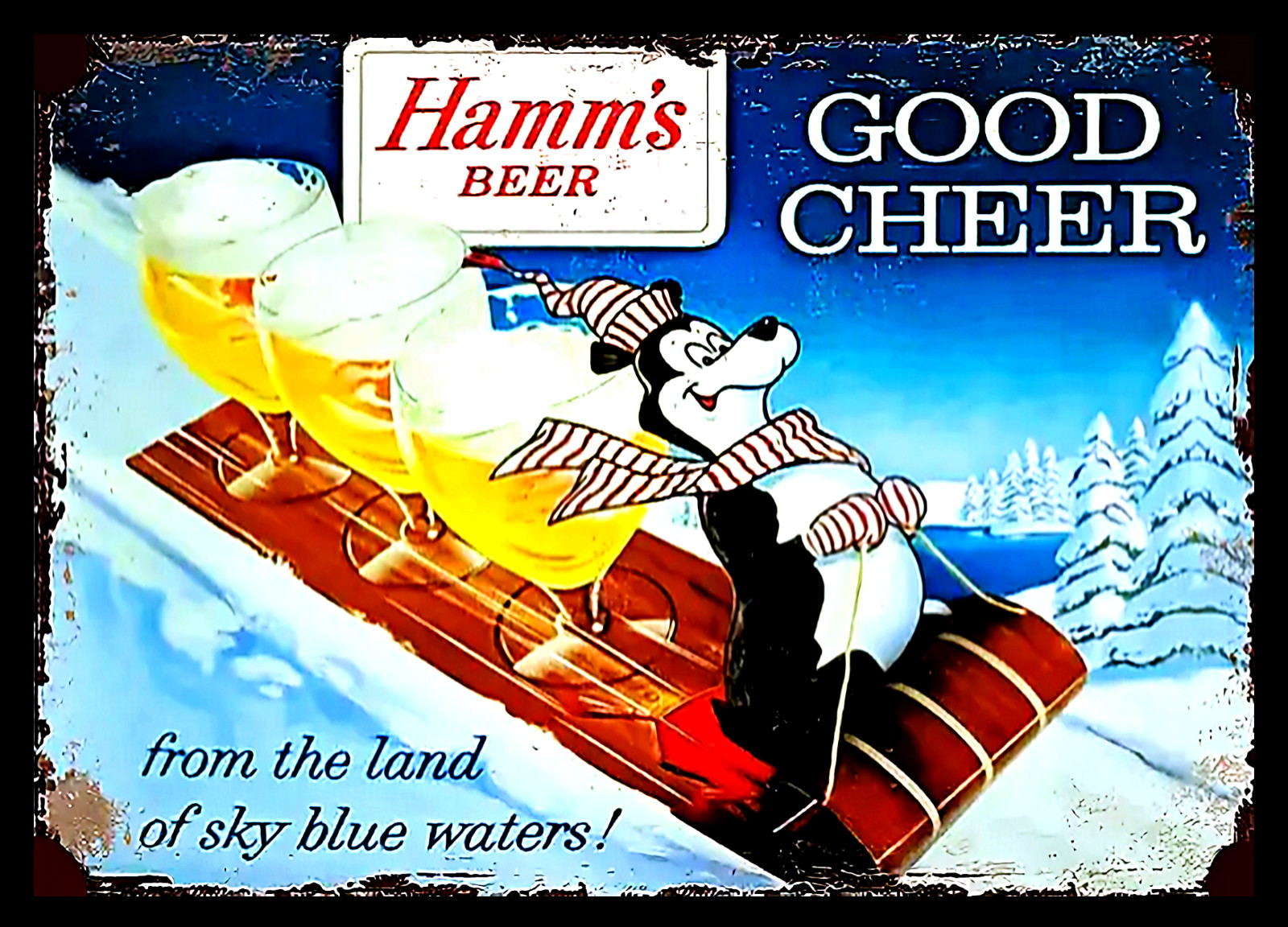 Hamm&rsquo;s Beer Sign Sticker Collectible Hamms Bear Sledding Vintage Replica